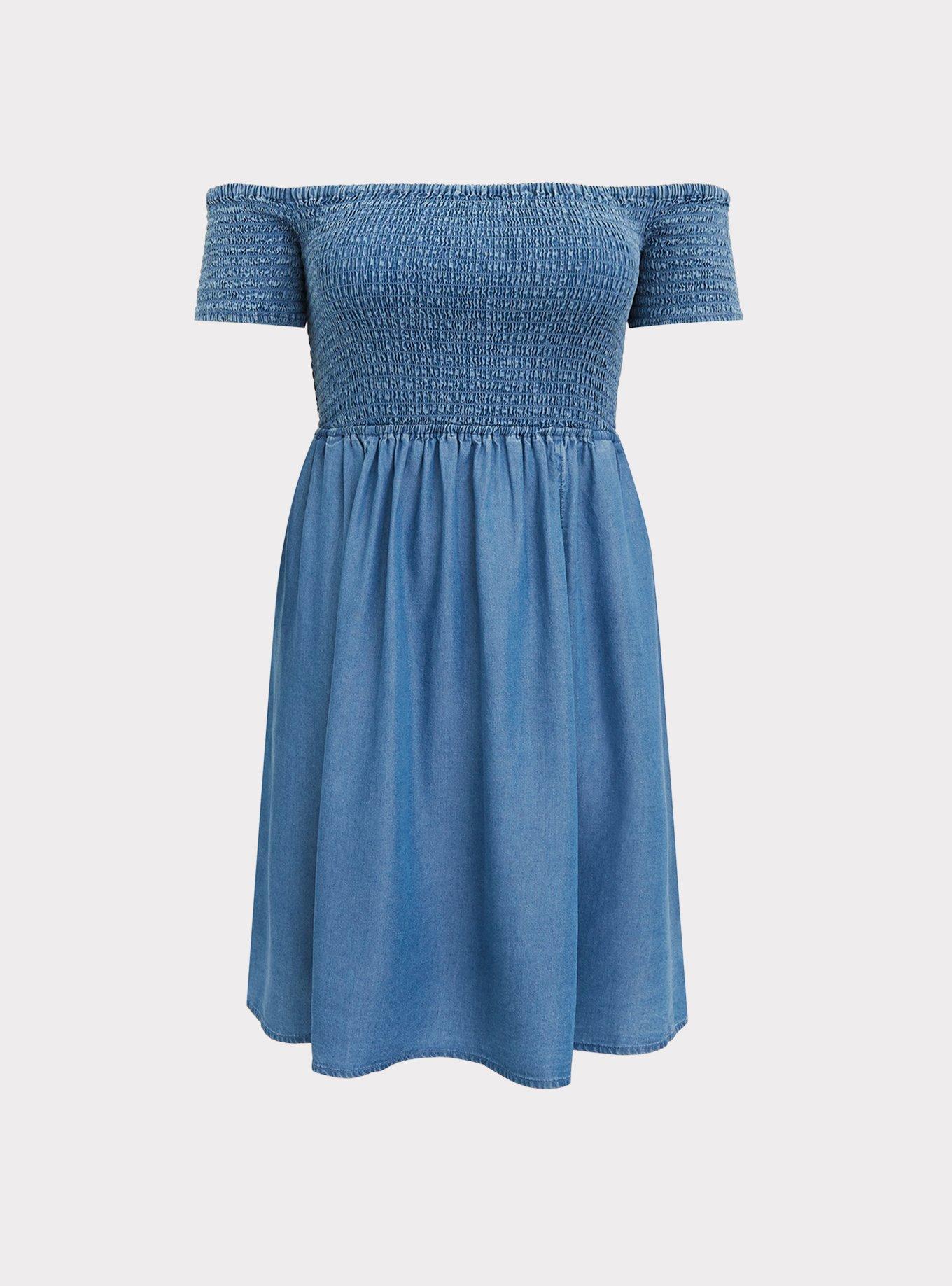 Plus Size Blue Chambray Off Shoulder Smocked Skater Dress, CHAMBRAY, hi-res