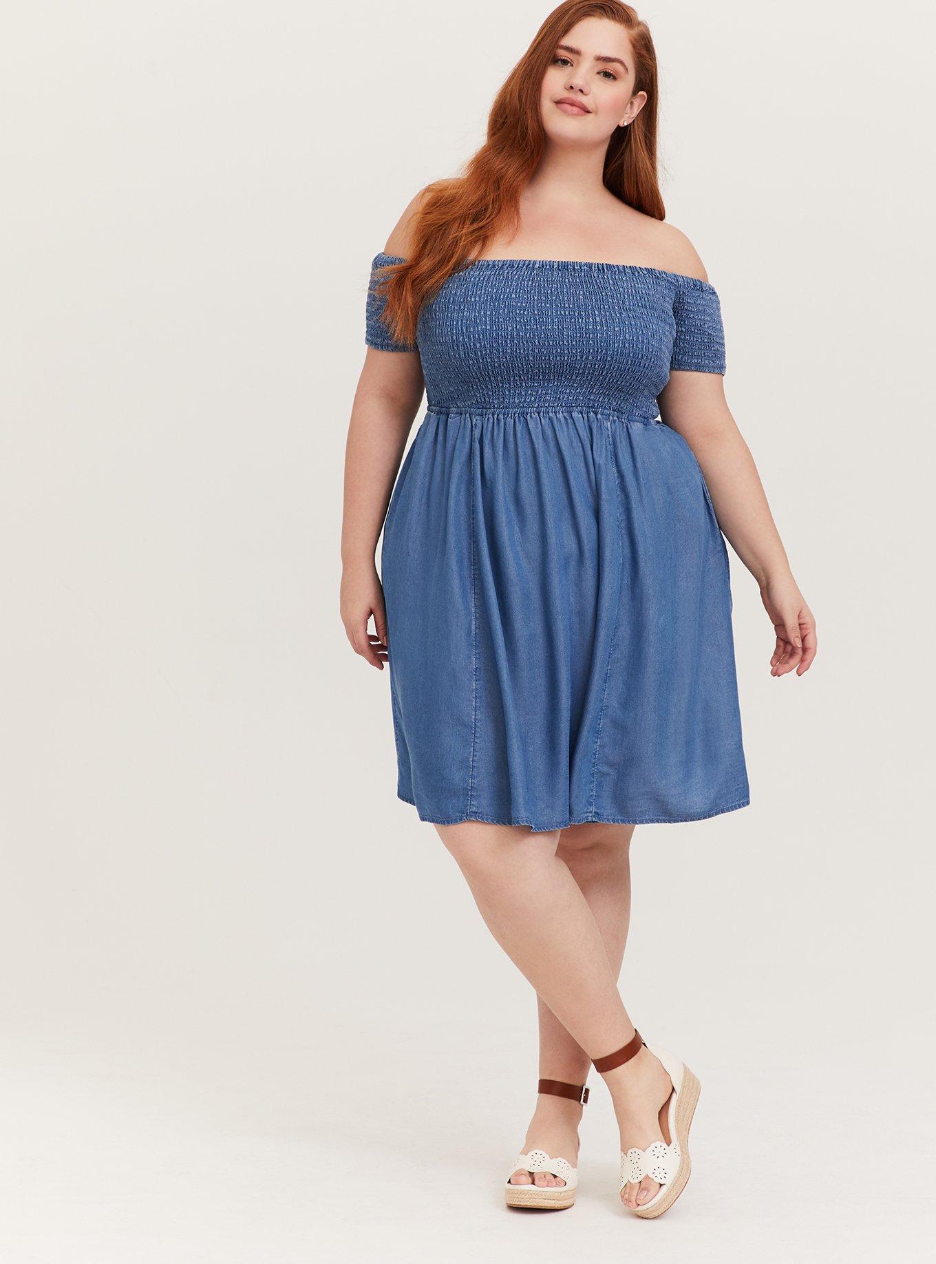 Plus Size Blue Chambray Off Shoulder Smocked Skater Dress, CHAMBRAY, hi-res