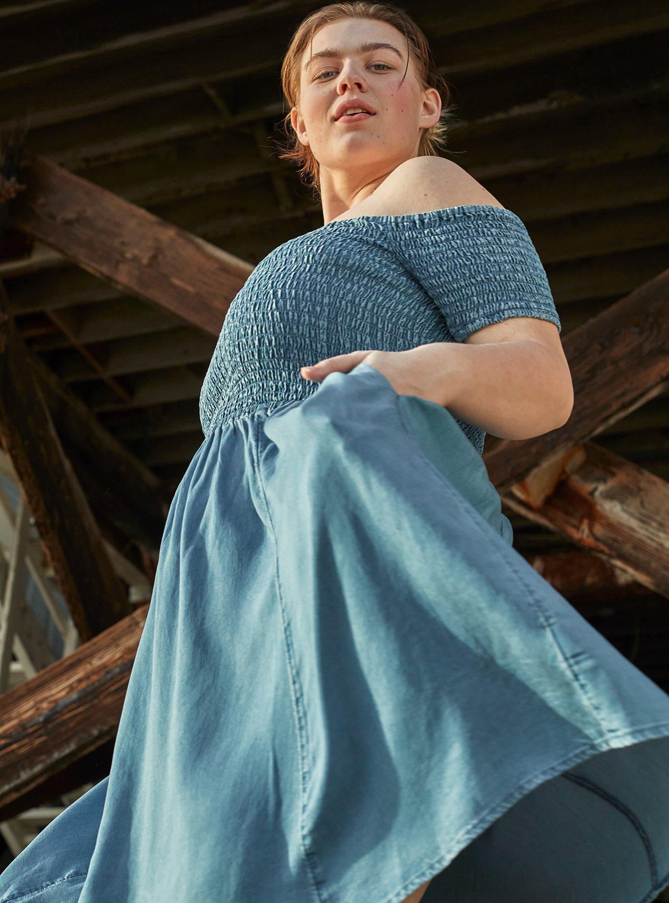 Plus Size Blue Chambray Off Shoulder Smocked Skater Dress, CHAMBRAY, hi-res