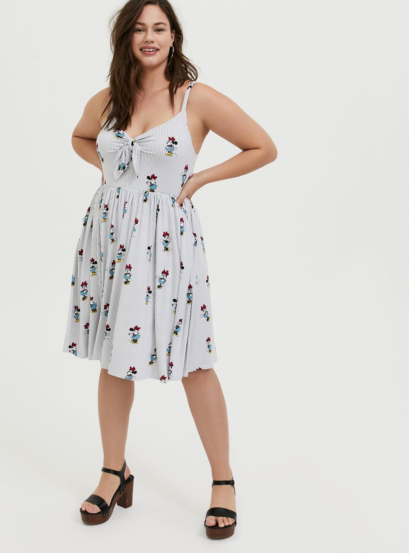 Her Universe Disney Retro Minnie Mouse Bow Front Grey Stripe Dress, MULTI STRIPE, hi-res