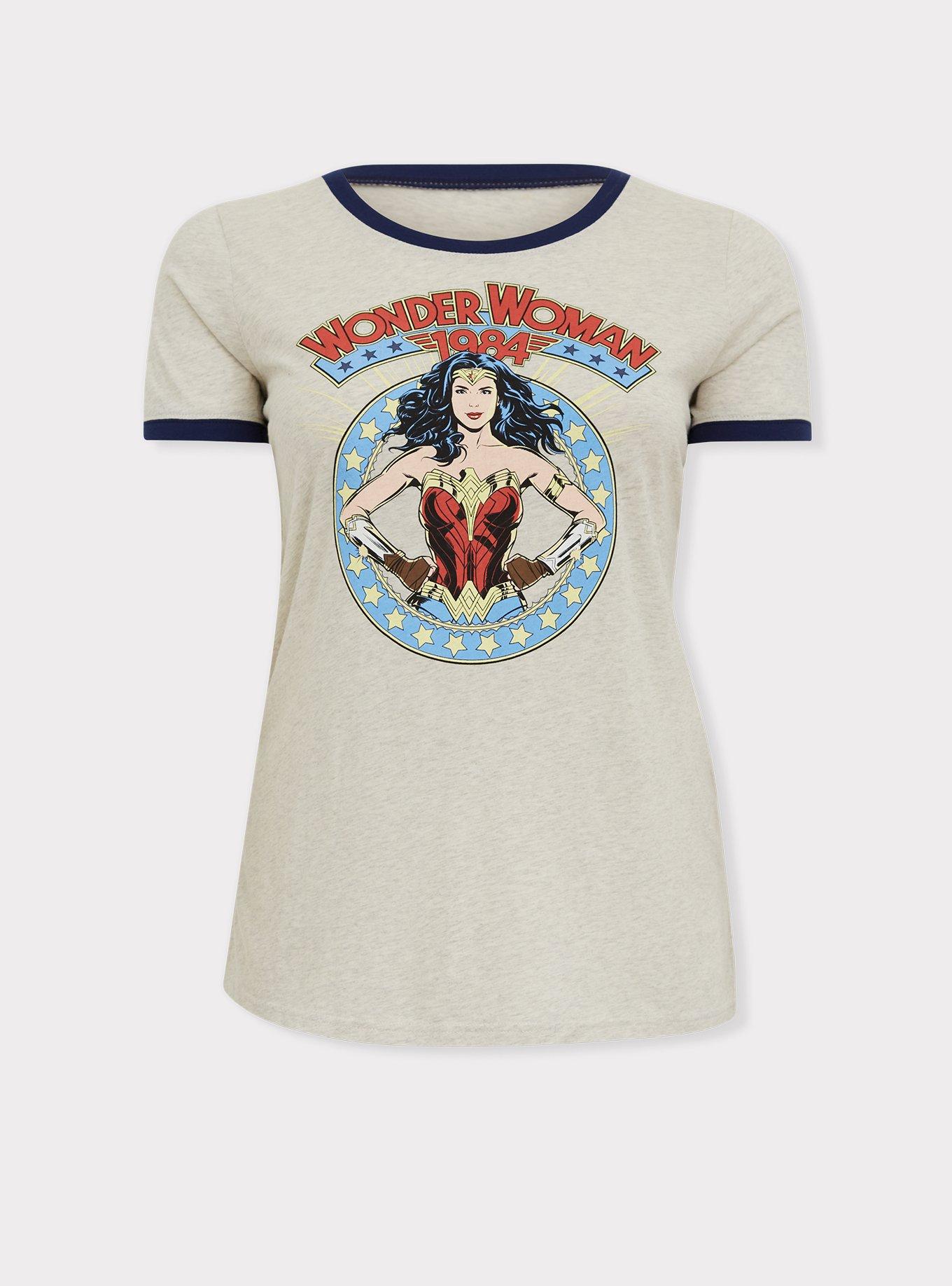 Plus Size Wonder Woman 84 Comic Oatmeal Ringer Top, OATMEAL HEATHER, hi-res