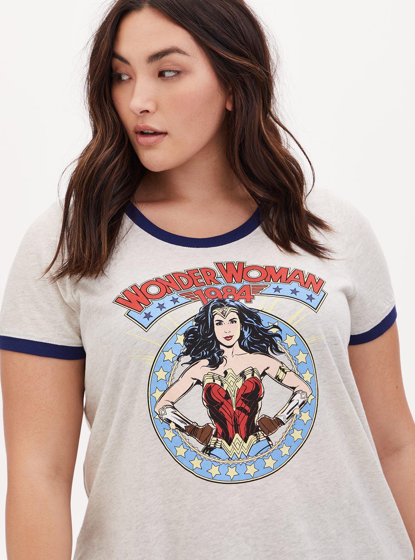 Plus Size Wonder Woman 84 Comic Oatmeal Ringer Top, OATMEAL HEATHER, hi-res