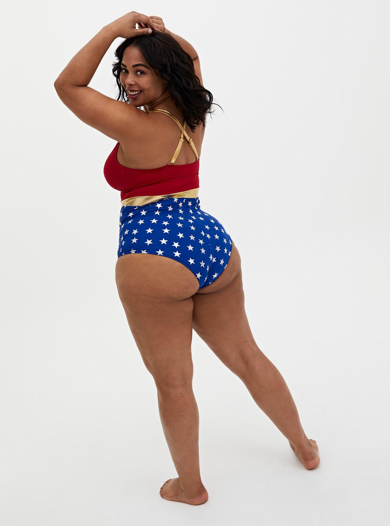 Plus Size - Wonder Woman Red & Gold Star Wireless One-Piece Swimsuit -  Torrid