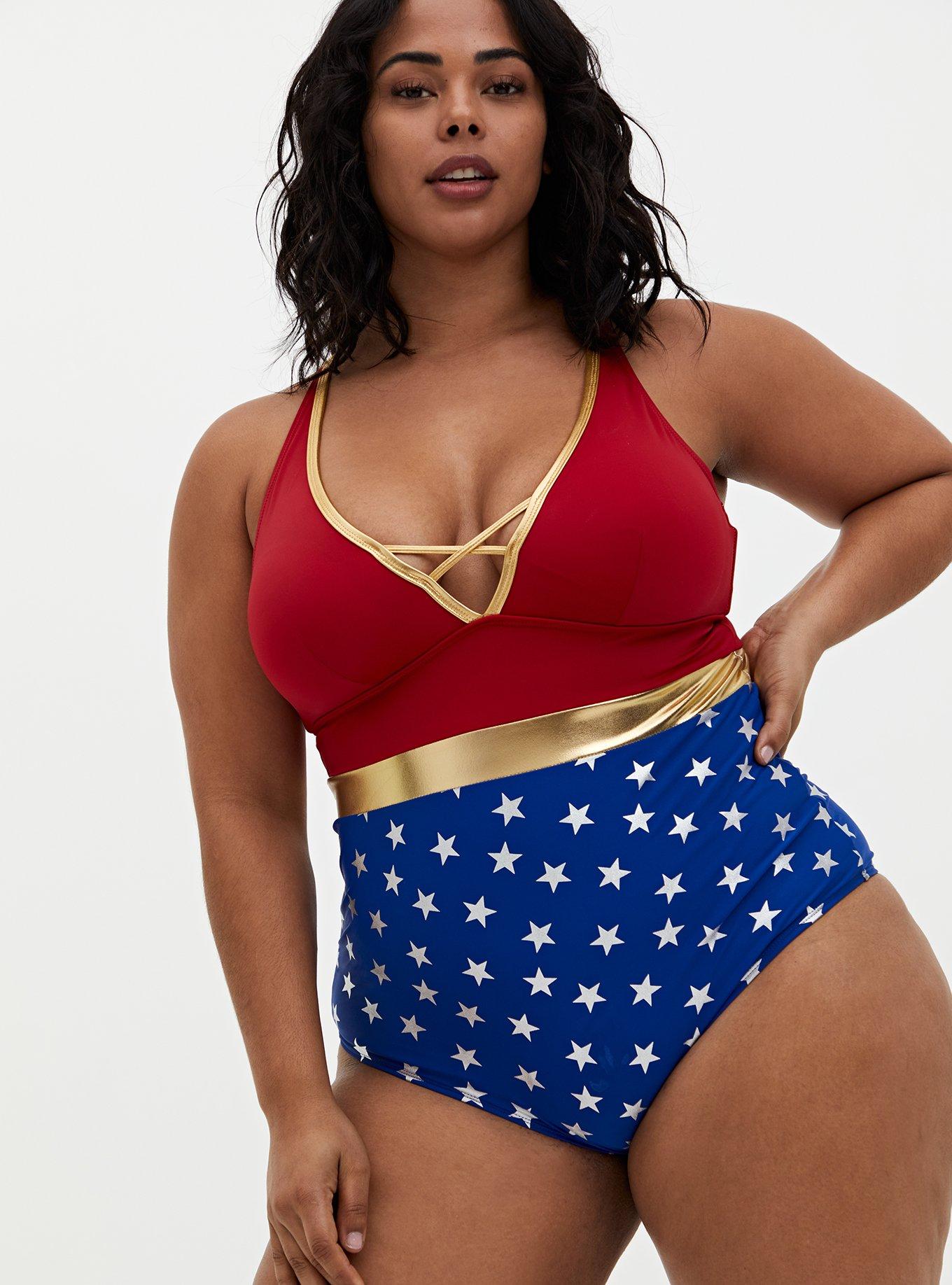 Plus Size - Wonder Woman Red & Gold Star Wireless One-Piece Swimsuit -  Torrid