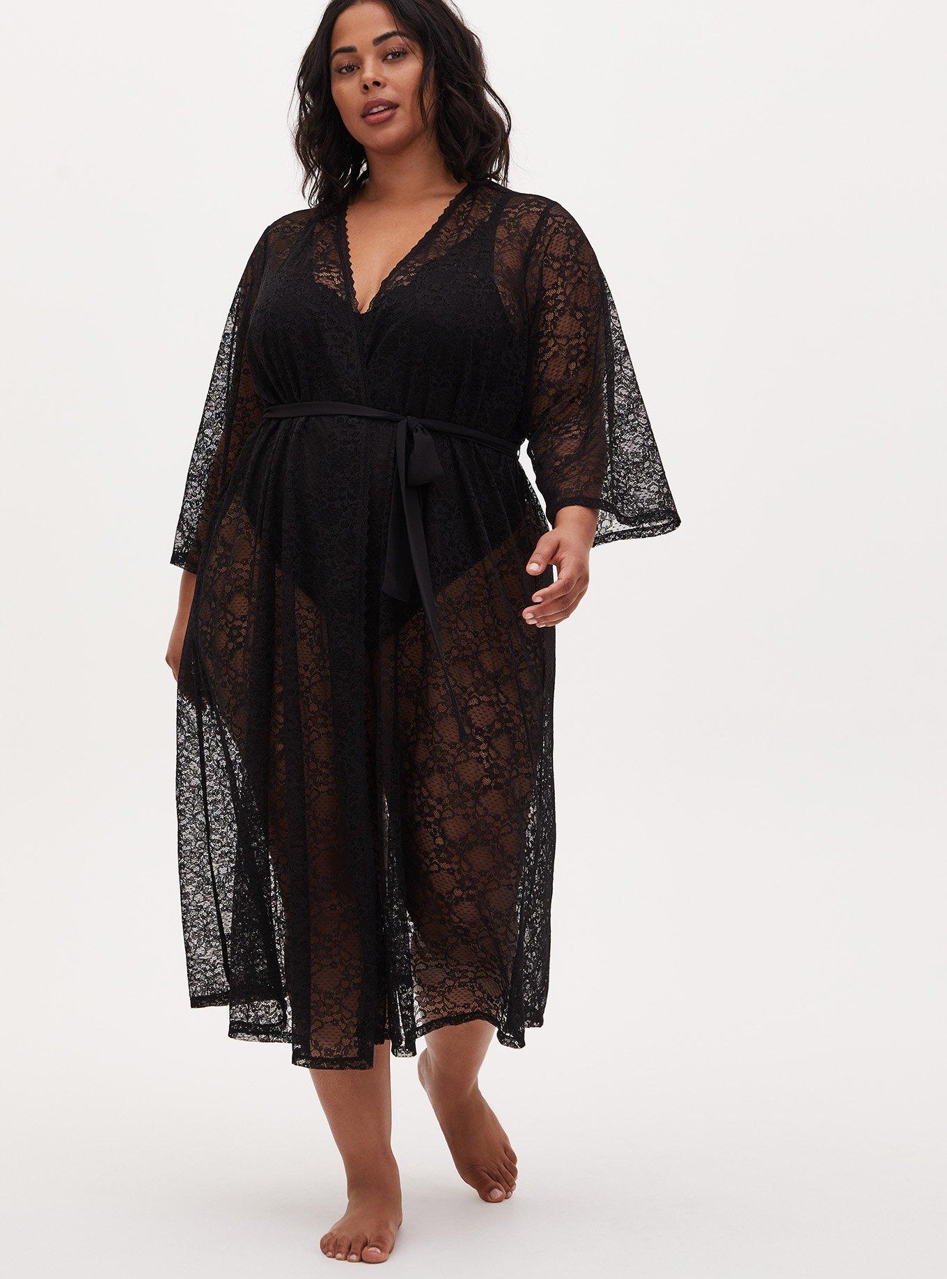 Lace Long Lingerie Robe, RICH BLACK, alternate