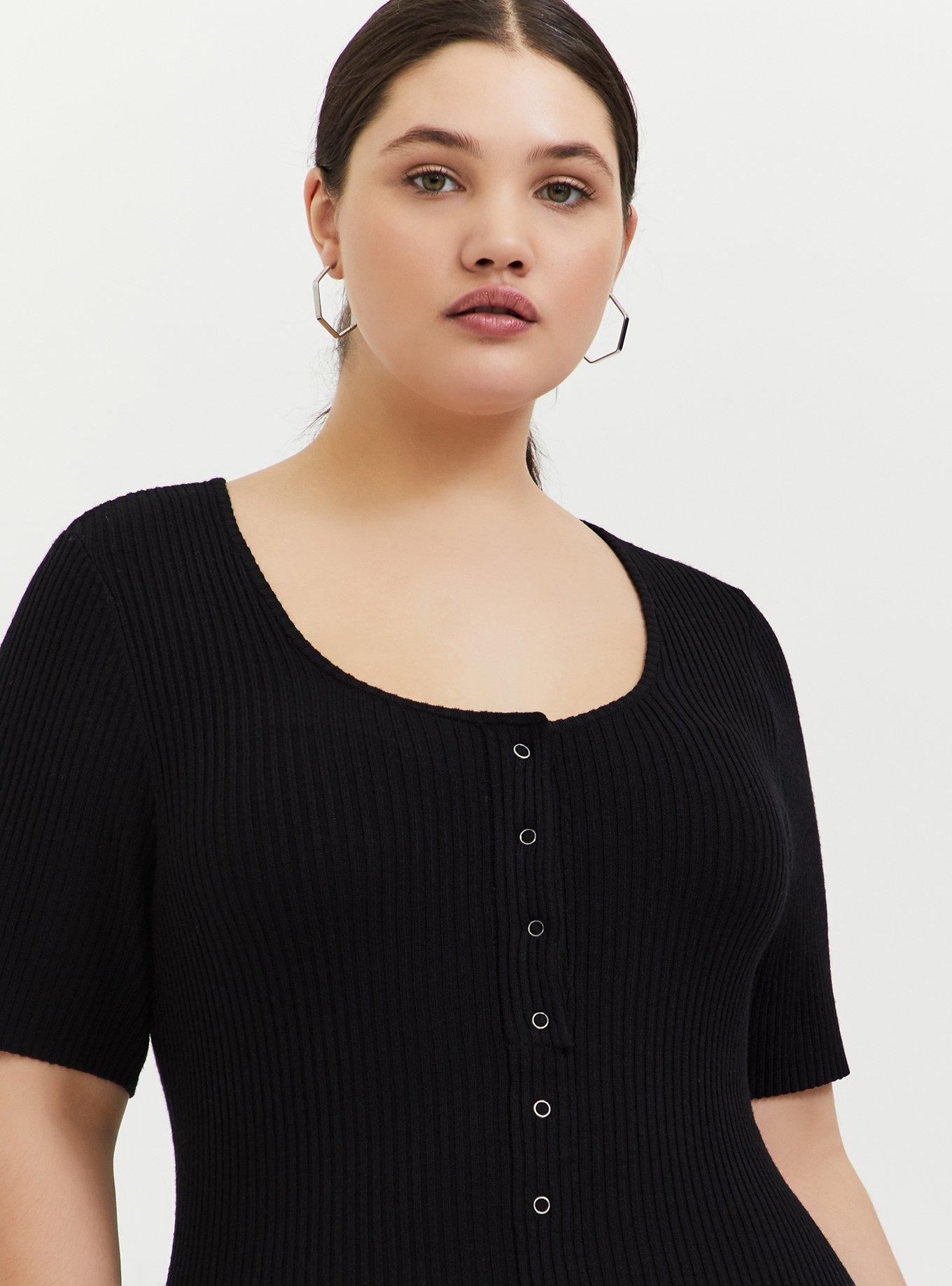 Midi Rib Knit Snap Front Dress, DEEP BLACK, alternate