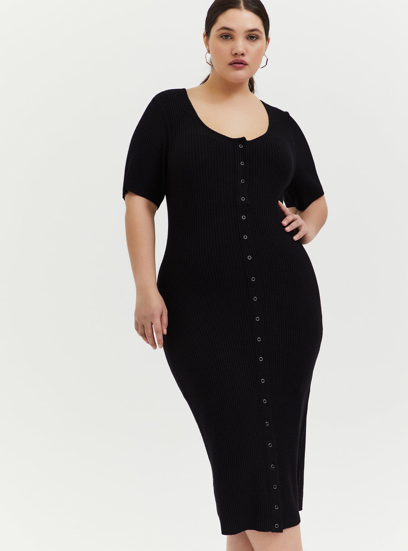 Plus Size Midi Rib Knit Snap Front Dress, , hi-res
