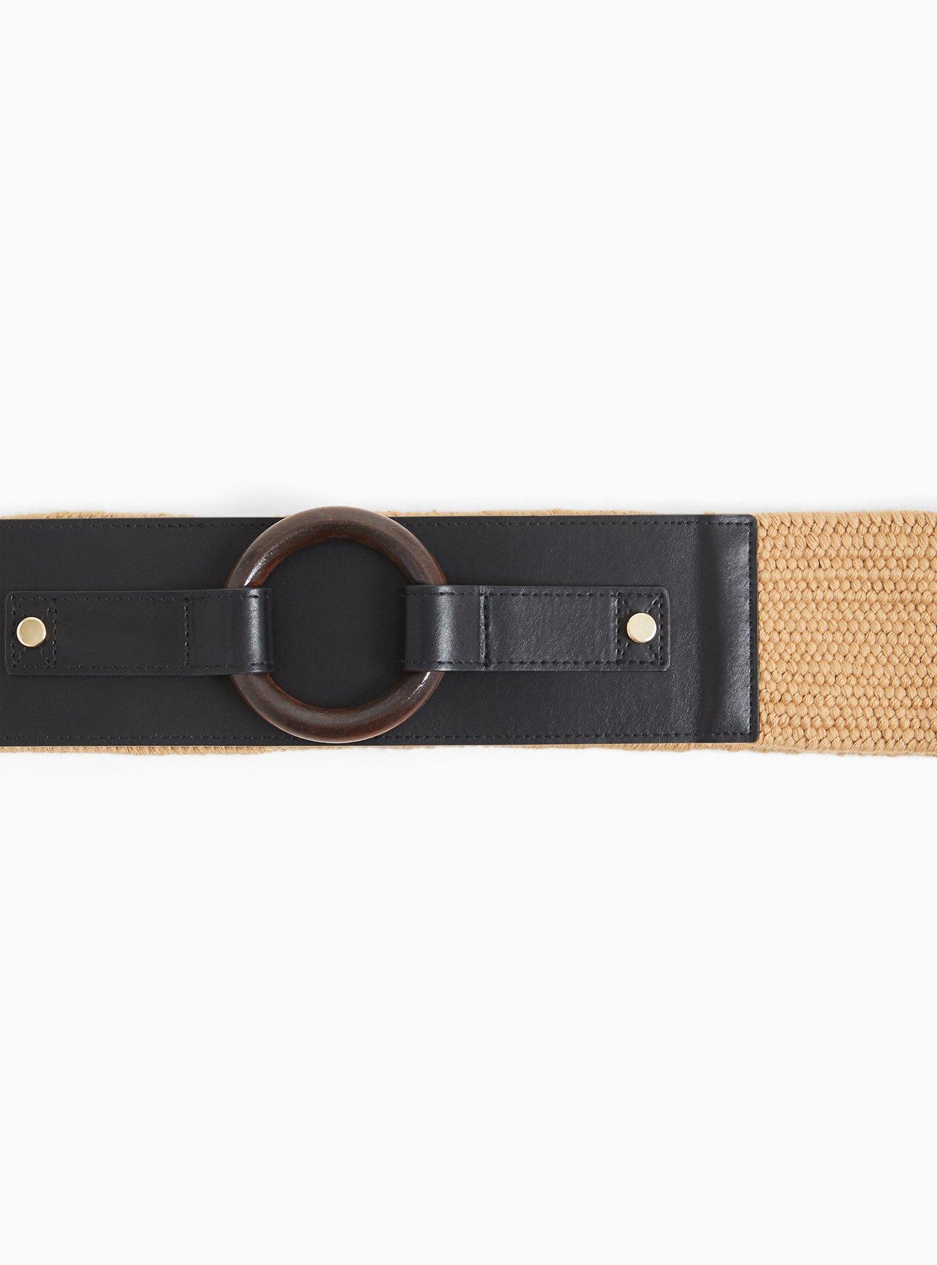 Plus Size Black Faux Leather & Tan Straw Stretch Belt, IVORY, alternate