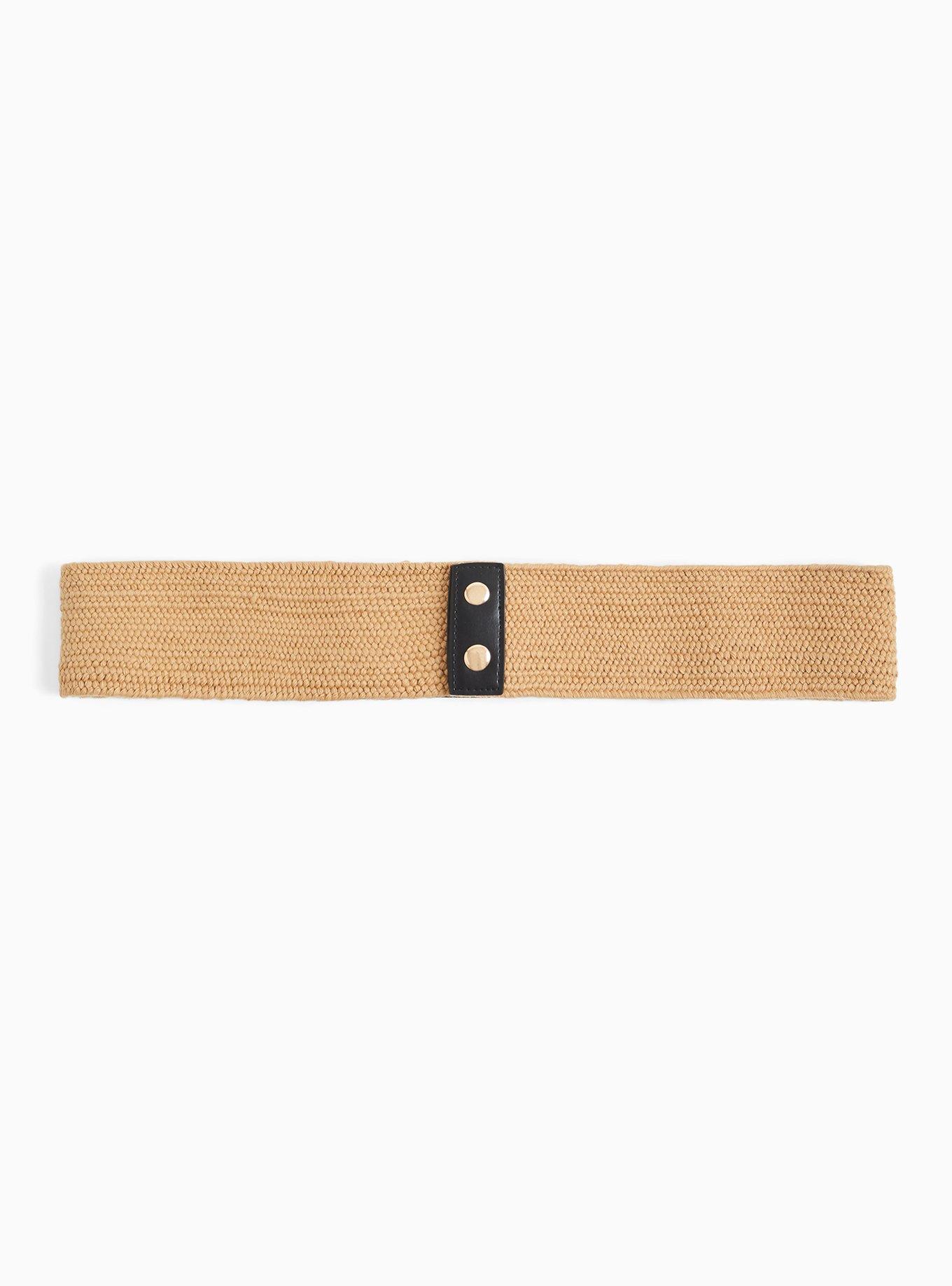 Plus Size Black Faux Leather & Tan Straw Stretch Belt, IVORY, alternate