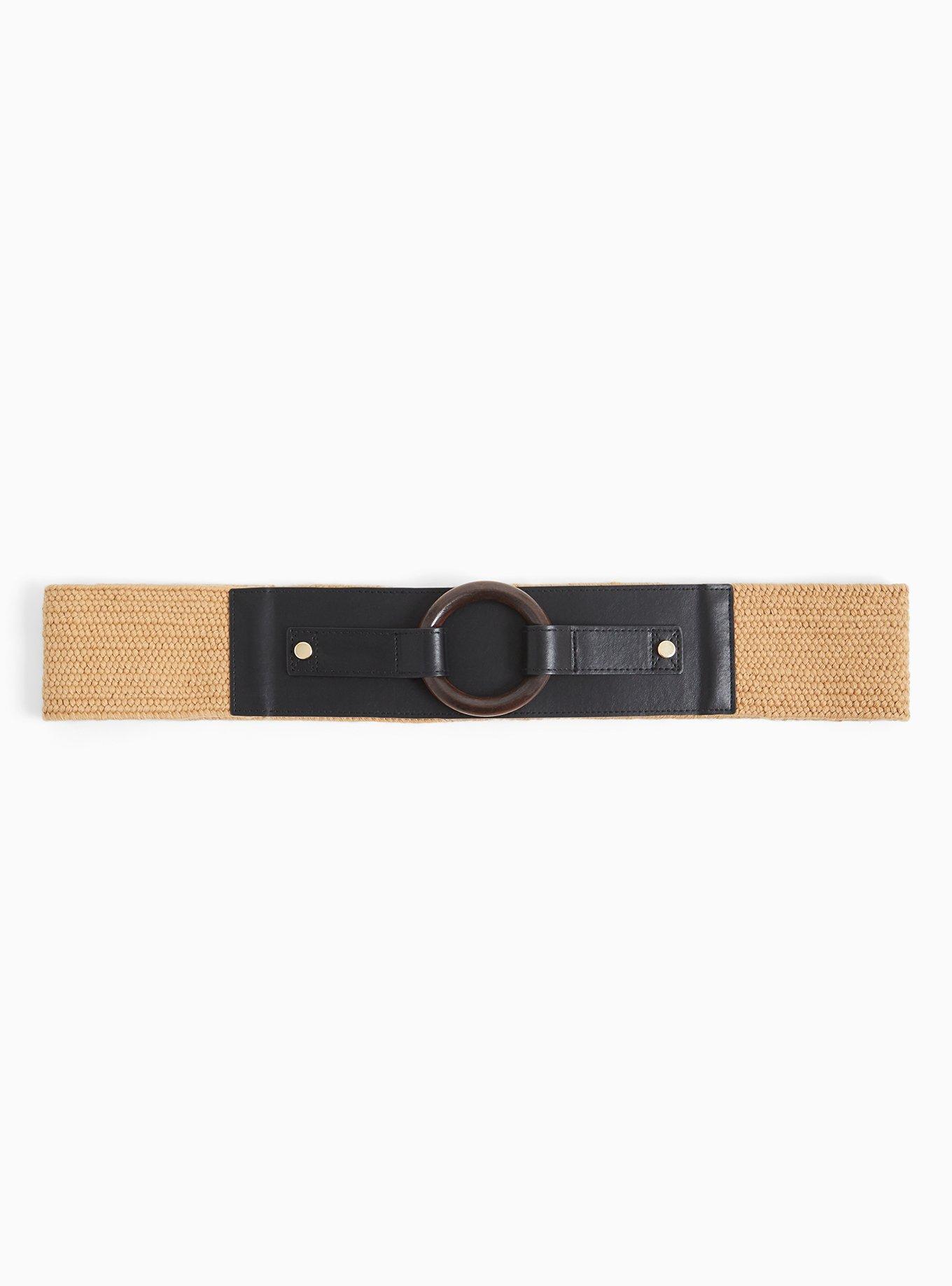 Plus Size Black Faux Leather & Tan Straw Stretch Belt, IVORY, hi-res