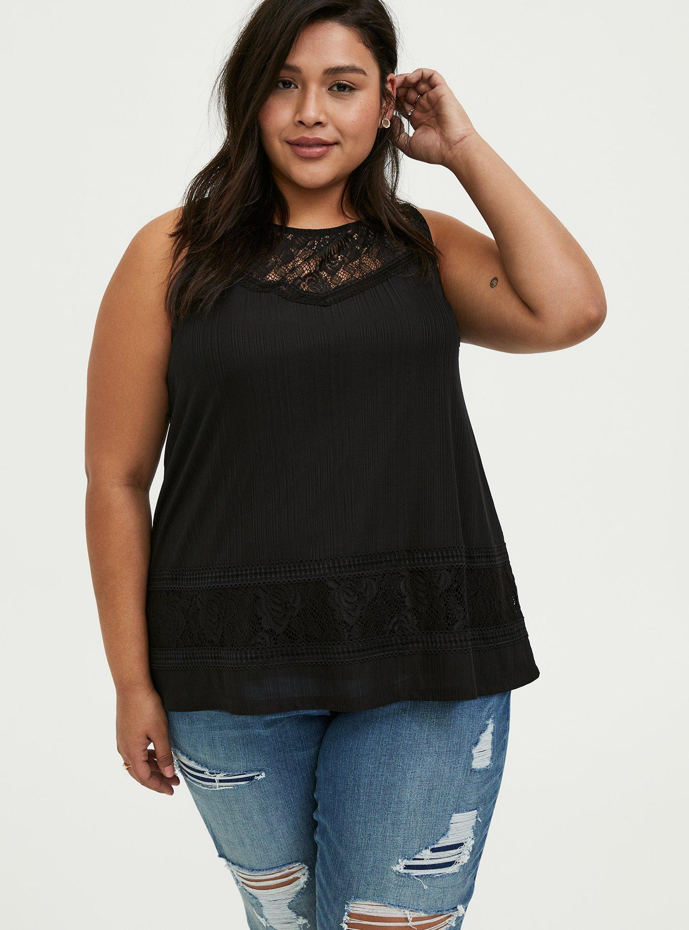 Plus Size - Black Textured Lace Inset Tank - Torrid