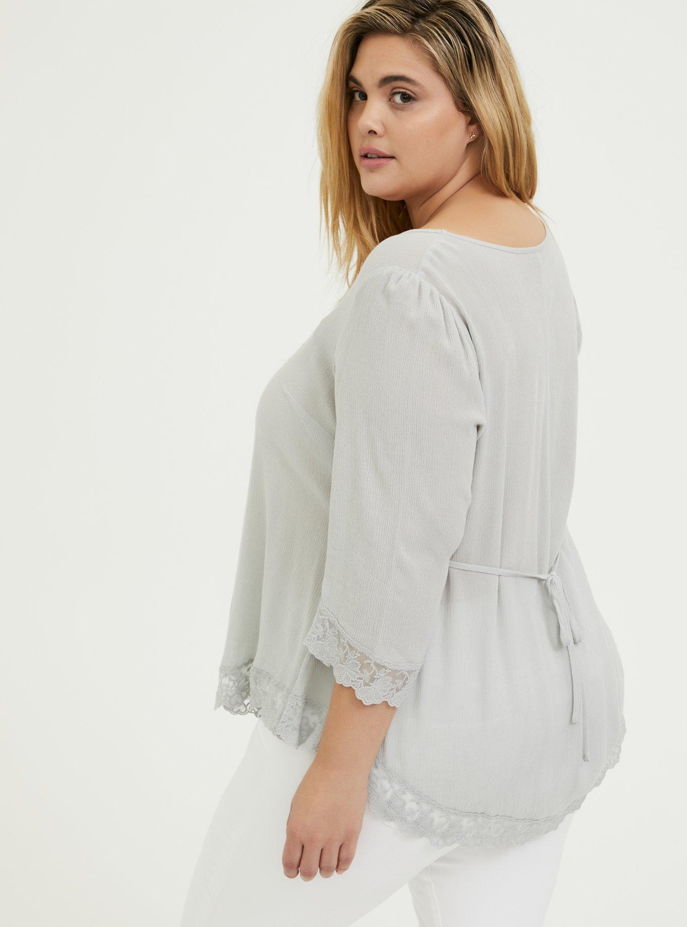Plus Size Light Stone Grey Gauze Button Down Handkerchief Tunic Blouse, OYSTER MUSHROOM, alternate