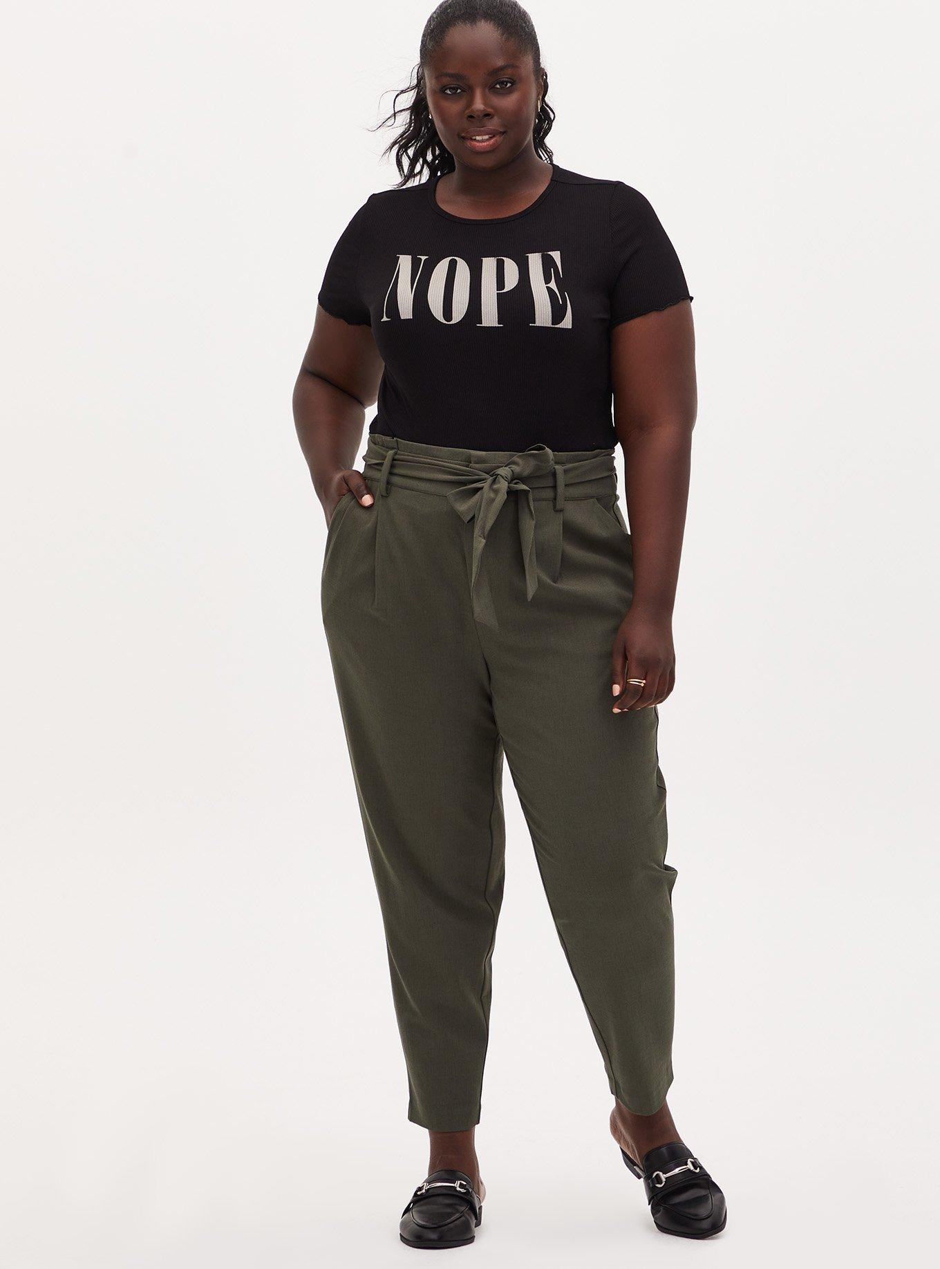Plus Size Olive Green Crosshatch Self Tie Tapered Pant, GREEN, alternate