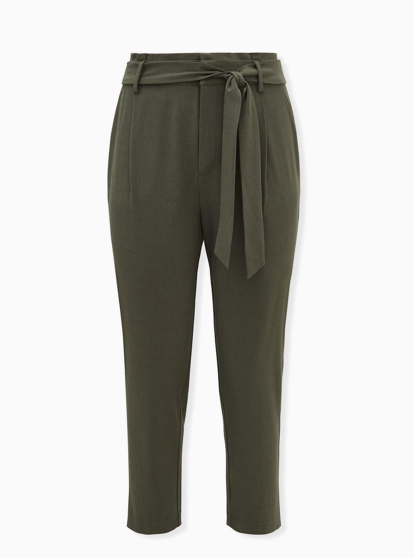 Plus Size Olive Green Crosshatch Self Tie Tapered Pant, GREEN, hi-res