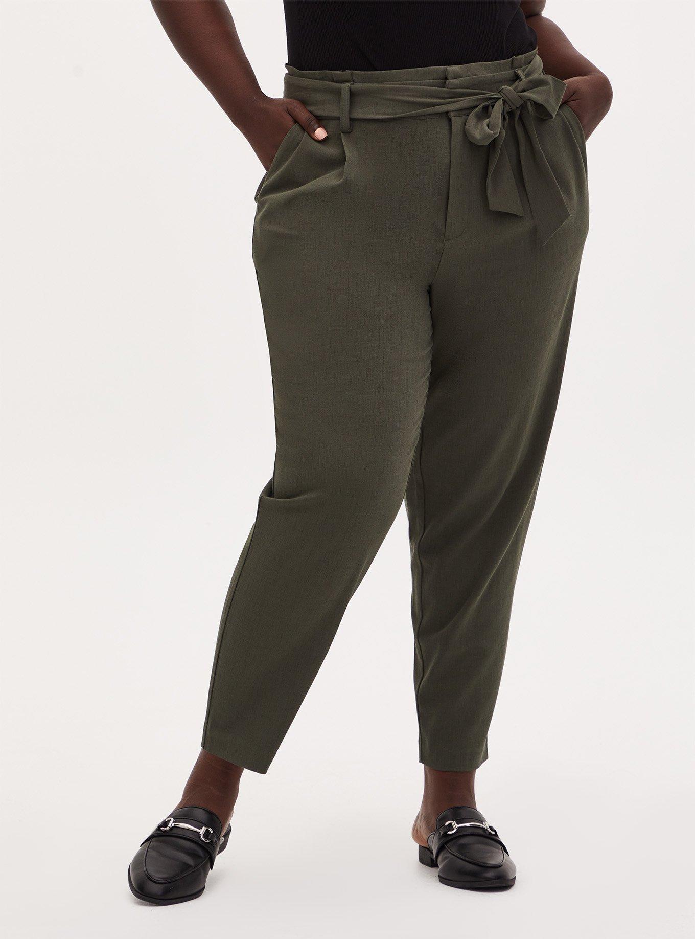 Plus Size Olive Green Crosshatch Self Tie Tapered Pant, GREEN, hi-res