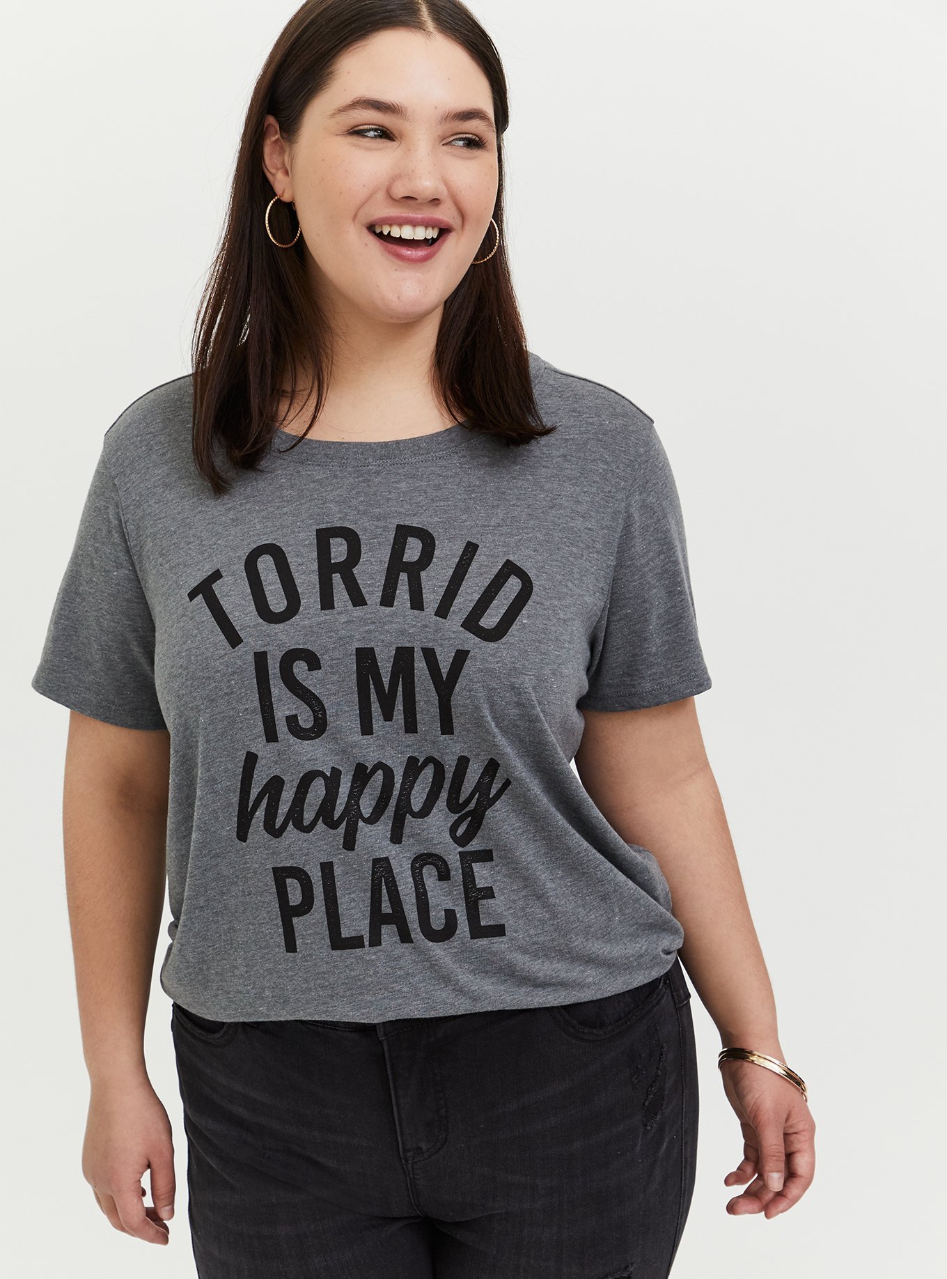 Plus Size - Torrid Is My Happy Place Grey Crew Tee - Torrid