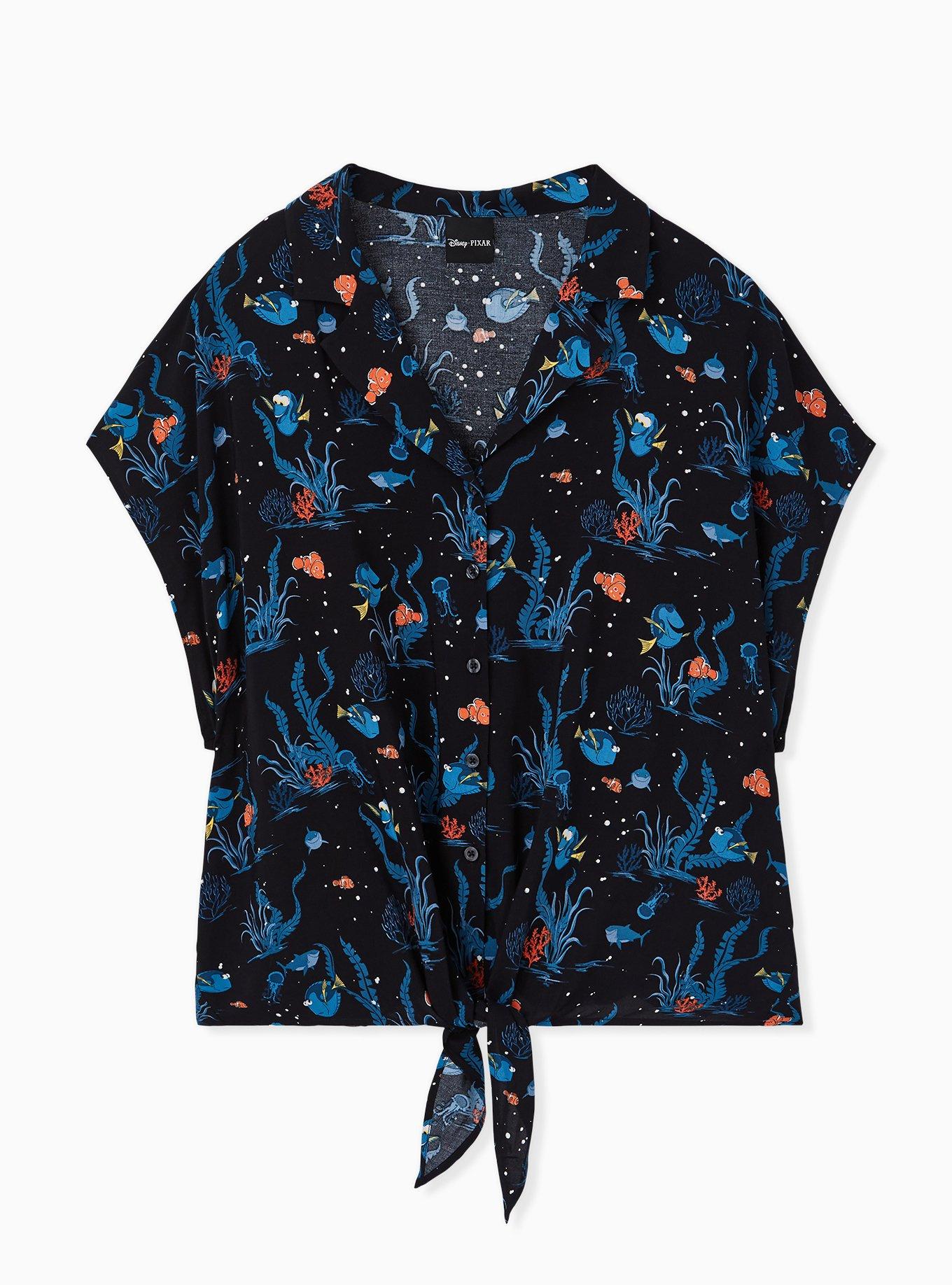 Disney Pixar Finding Nemo Dory & Marlin Black Challis Button Tie Front Top, MULTI, hi-res