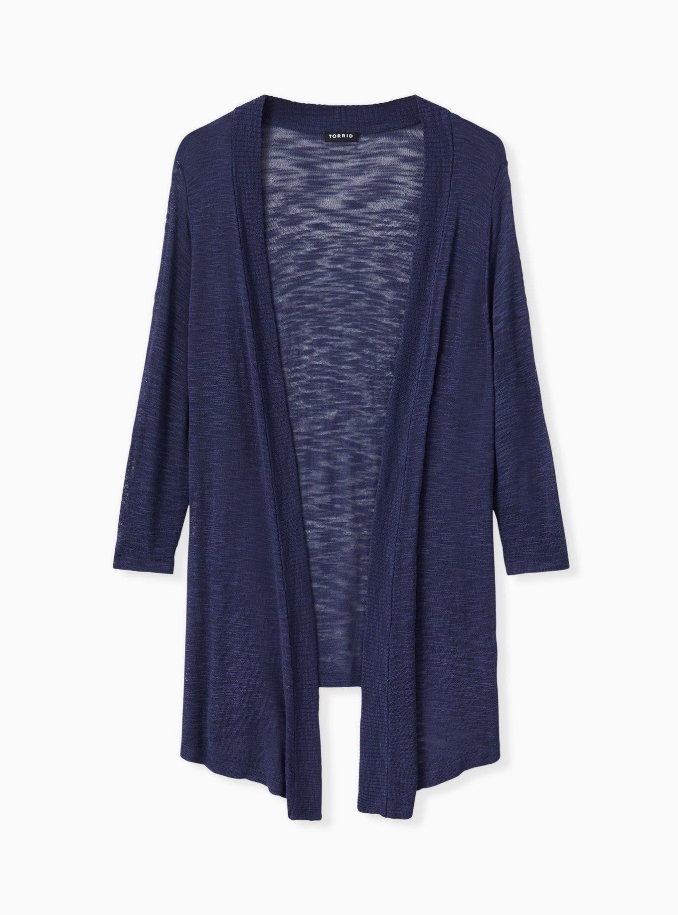 Plus Size Slub Cardigan Drape Front Sweater, BLUE, hi-res