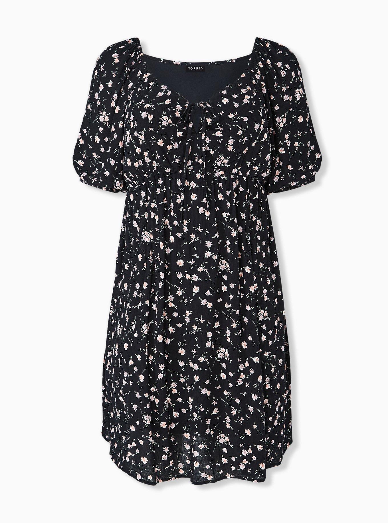 Plus Size - Black Ditsy Floral Crinkled Gauze Puff Sleeve Peasant Dress -  Torrid