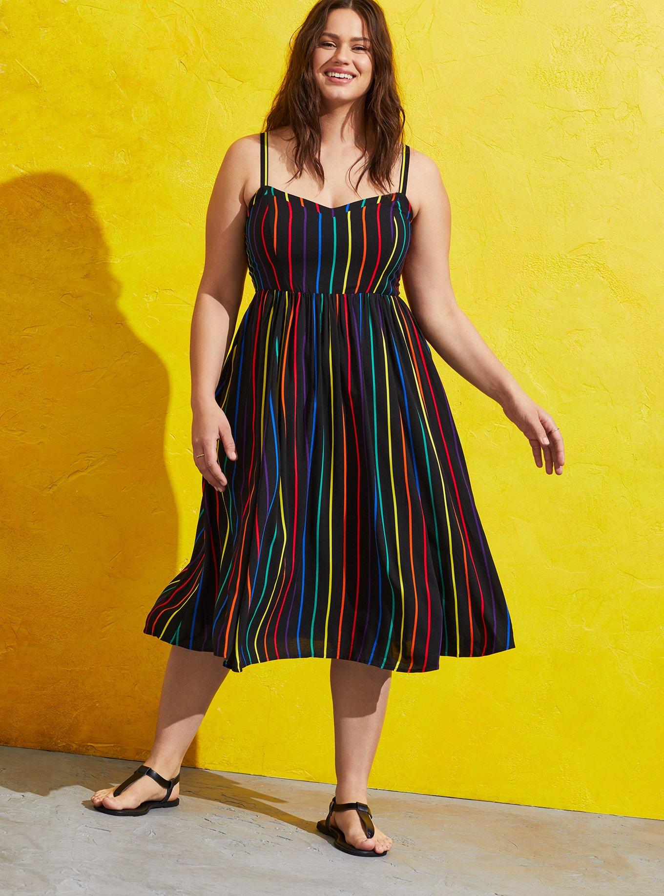 Torrid - Celebrate Love Midi Dress - Challis Black Rainbow Stripe