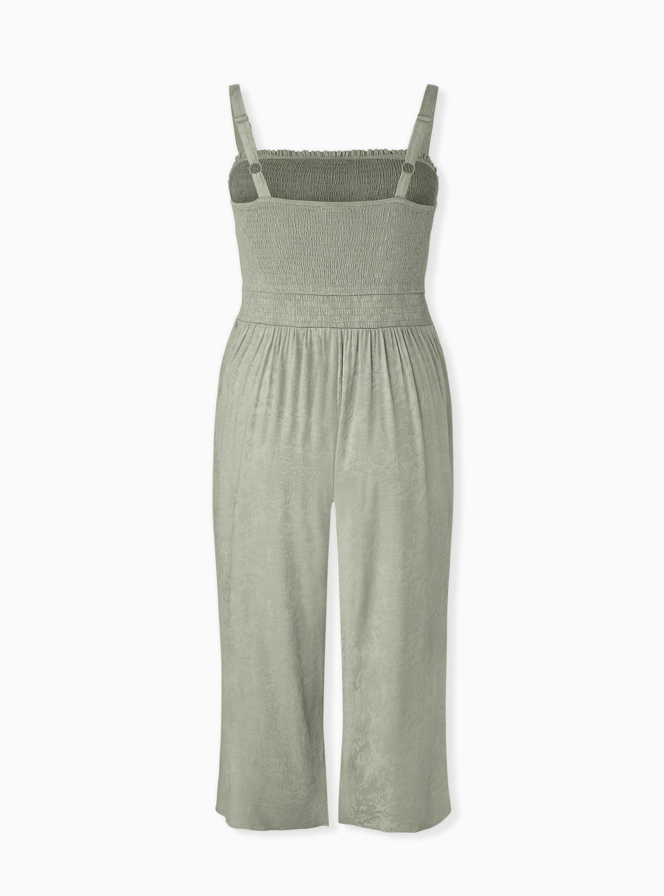 Plus Size - Sage Green Jacquard Smocked Culotte Jumpsuit - Torrid