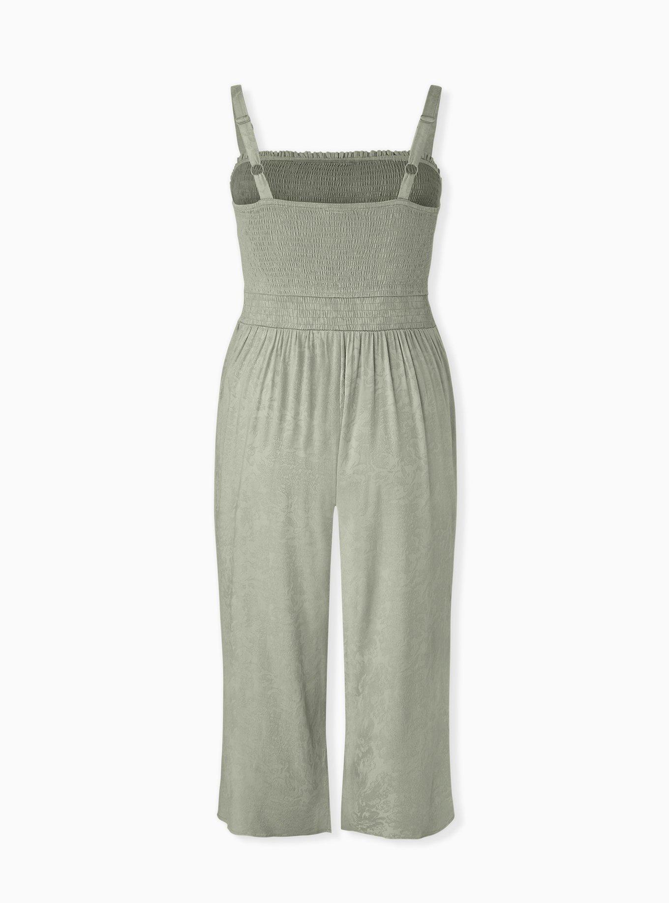 Plus Size Sage Green Jacquard Smocked Culotte Jumpsuit, SEAGRASS, alternate