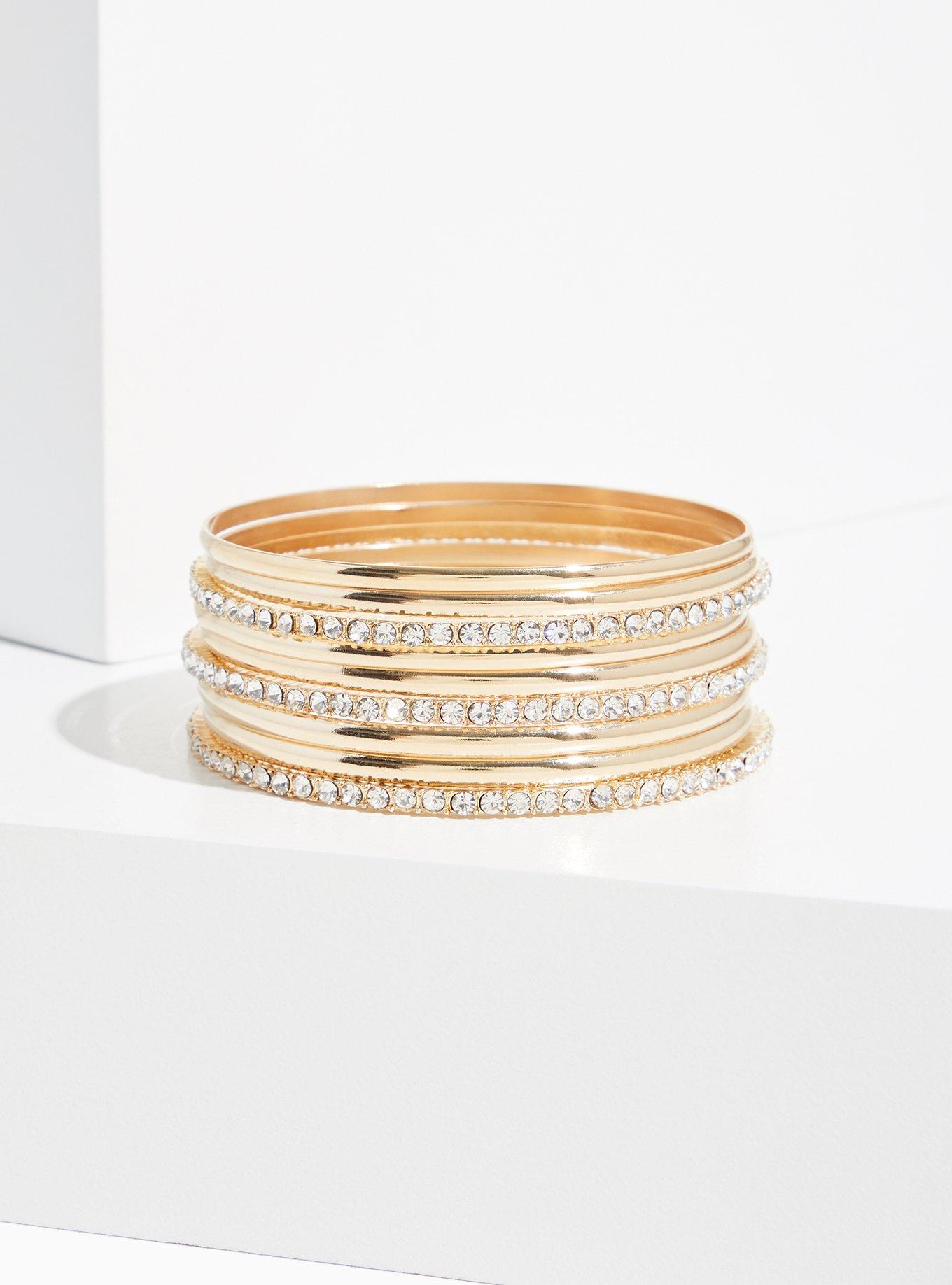 Plus Size Gold-Tone Rhinestone Bangle Set- Set Of 9, GOLD, alternate