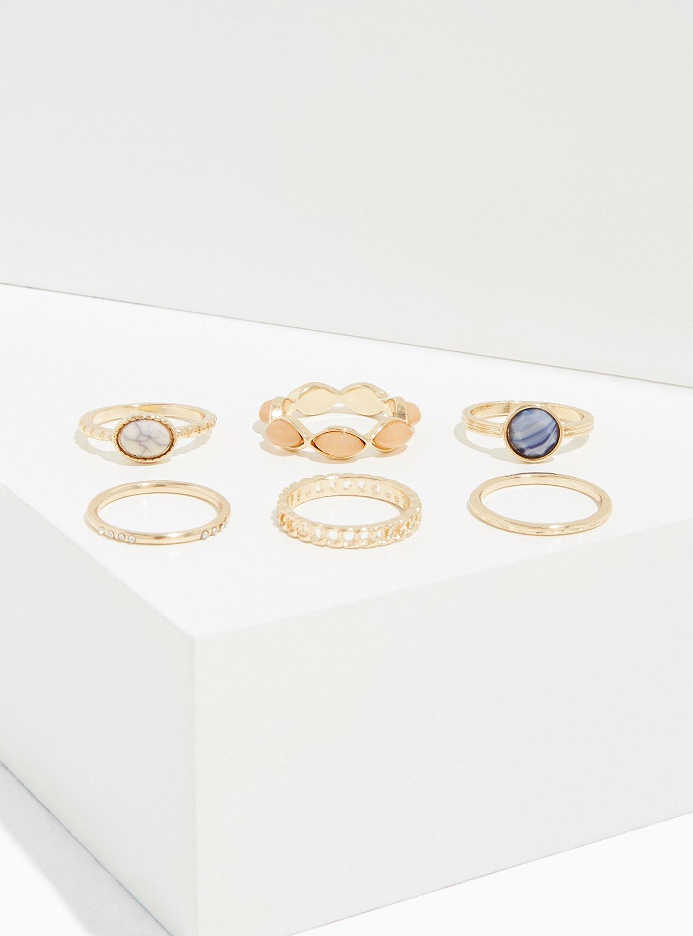 Blue Faux Stone Ring Set - Set of 6, GOLD, alternate