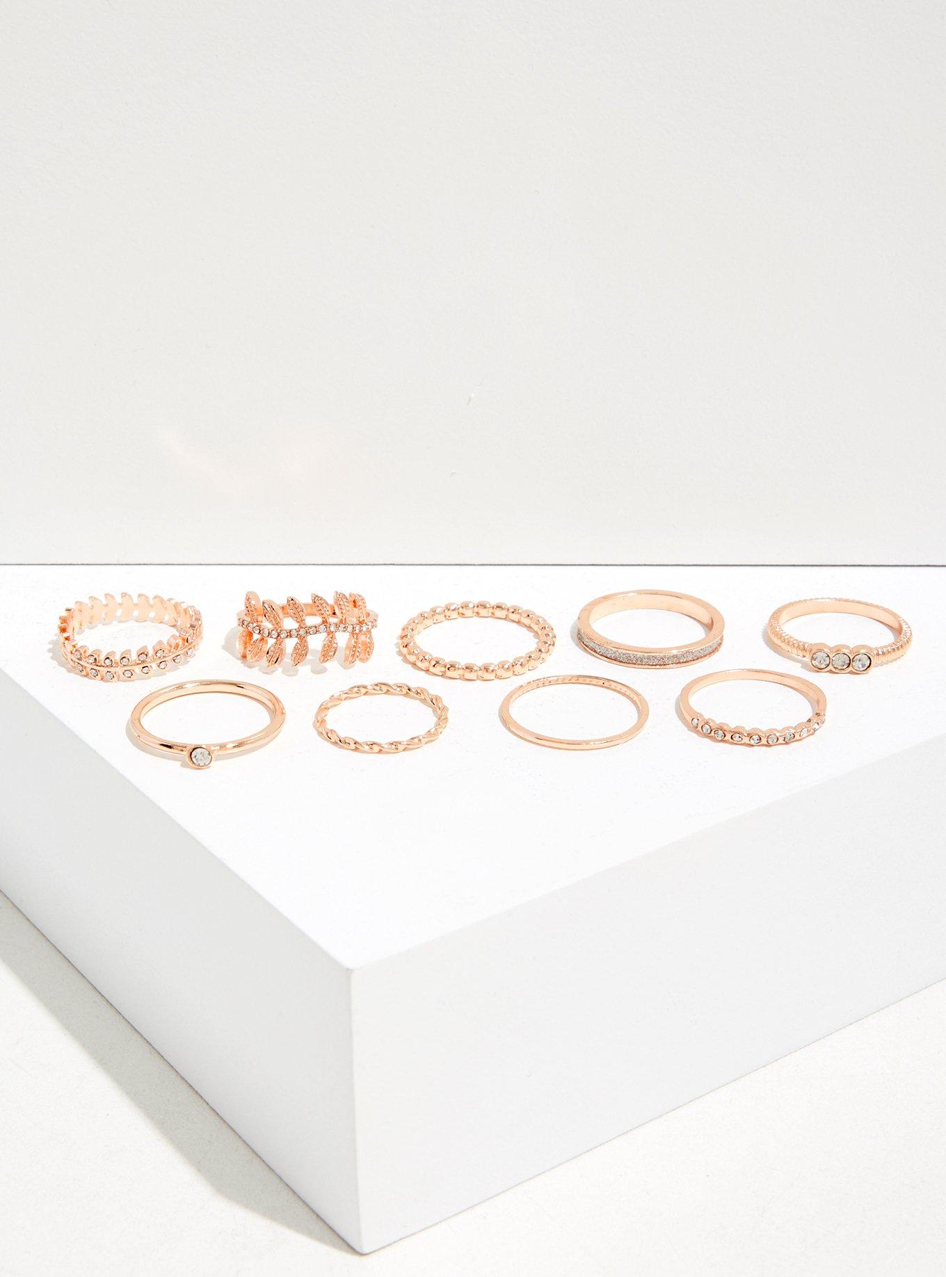 Plus Size Rose Gold-Tone Rhinestone Leaf Ring Set - Set Of 9, ROSE GOLD, alternate