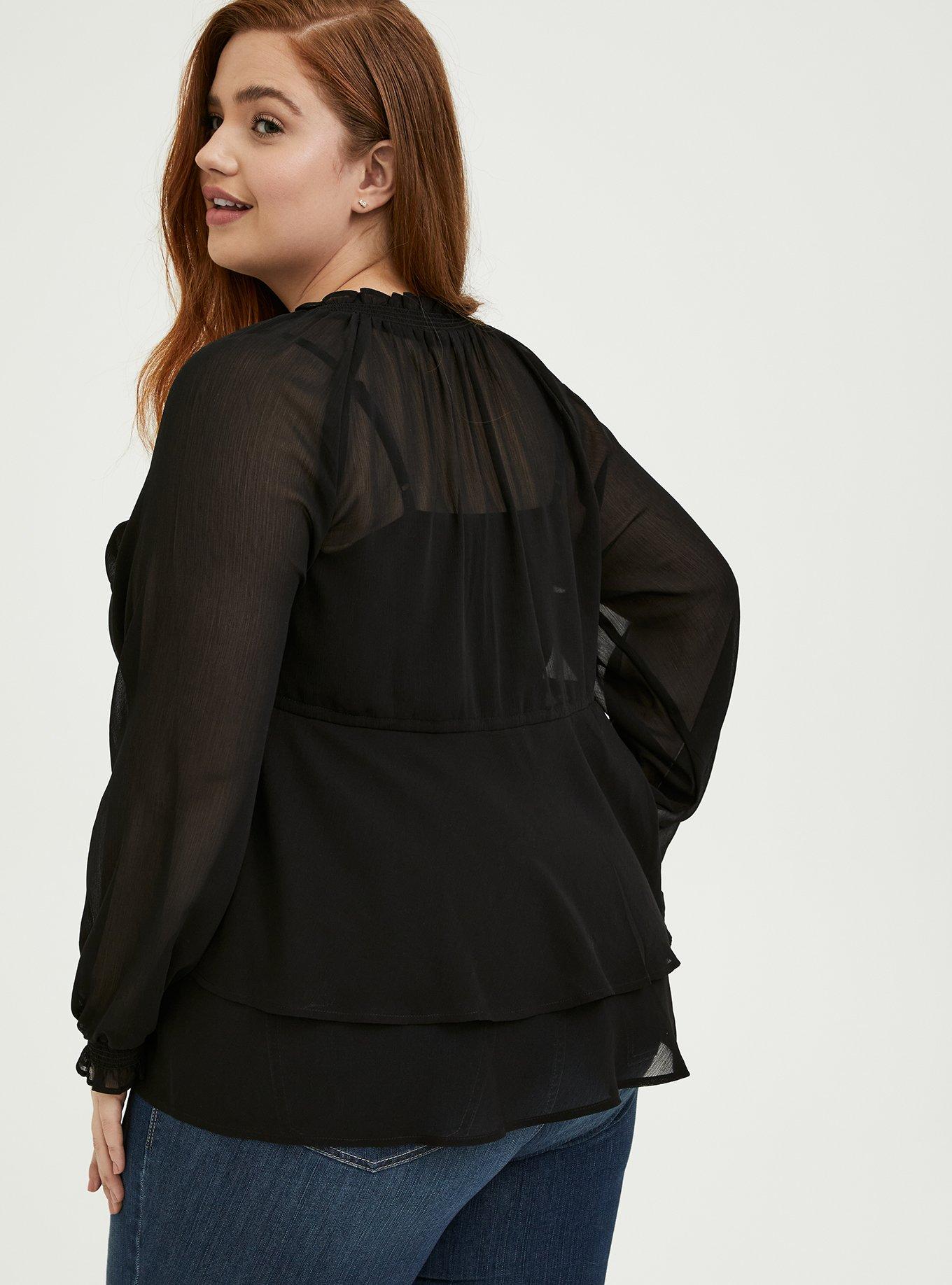 Crinkle Chiffon Drawstring Blouse, DEEP BLACK, alternate
