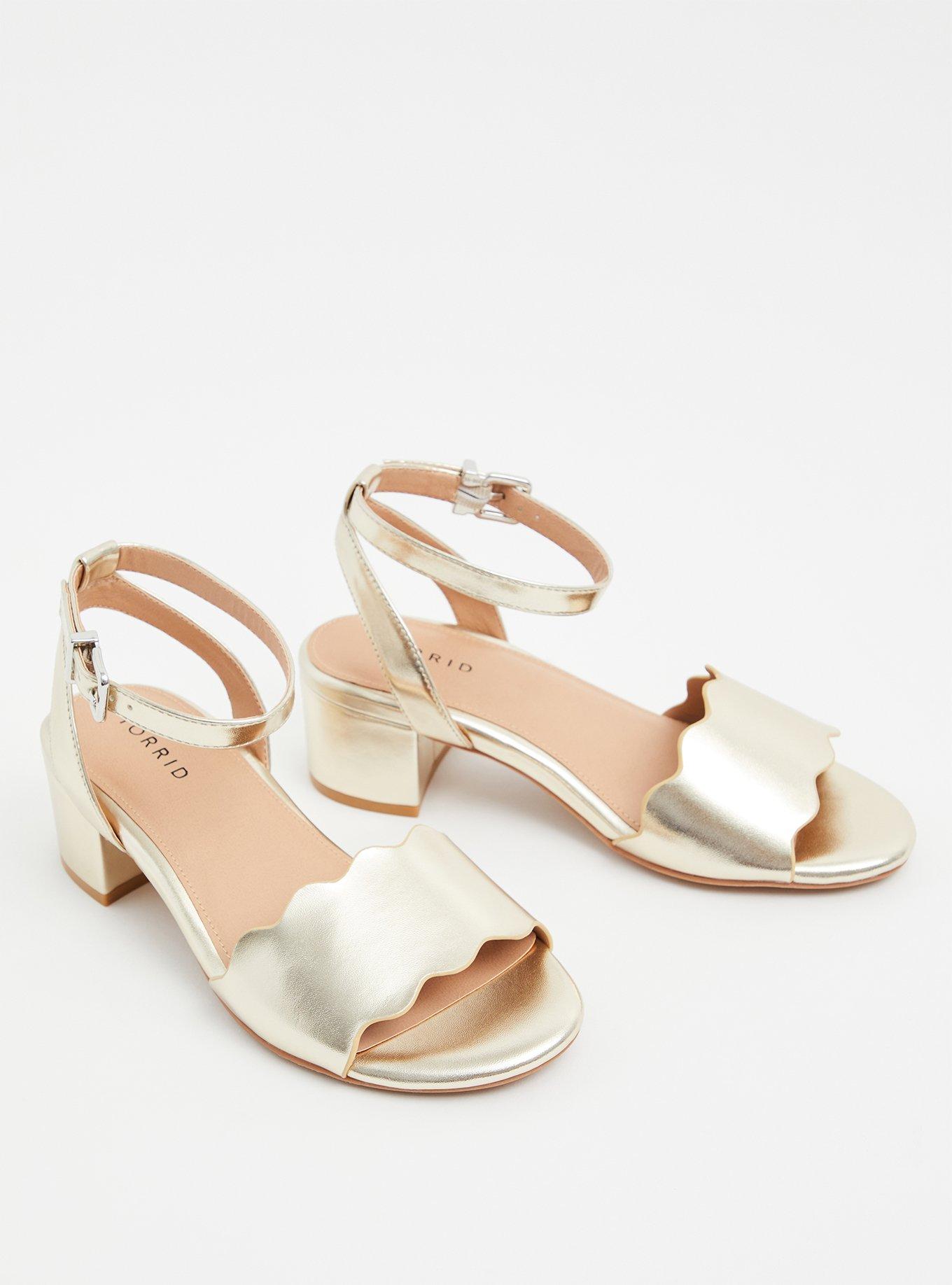 Plus Size Scalloped Low Block Heel Sandal (WW), GOLD, hi-res