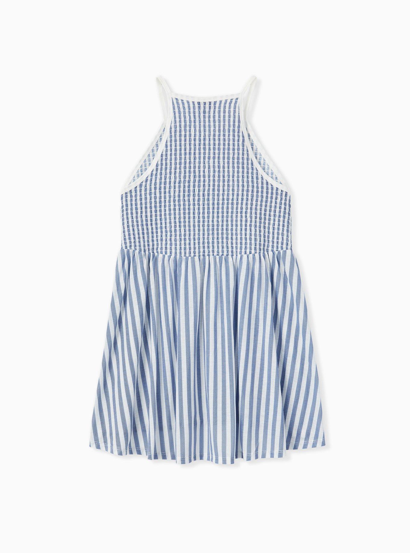 Plus Size Blue & White Stripe Jersey Smocked High Neck Babydoll Top , STRIPE MULTI, alternate