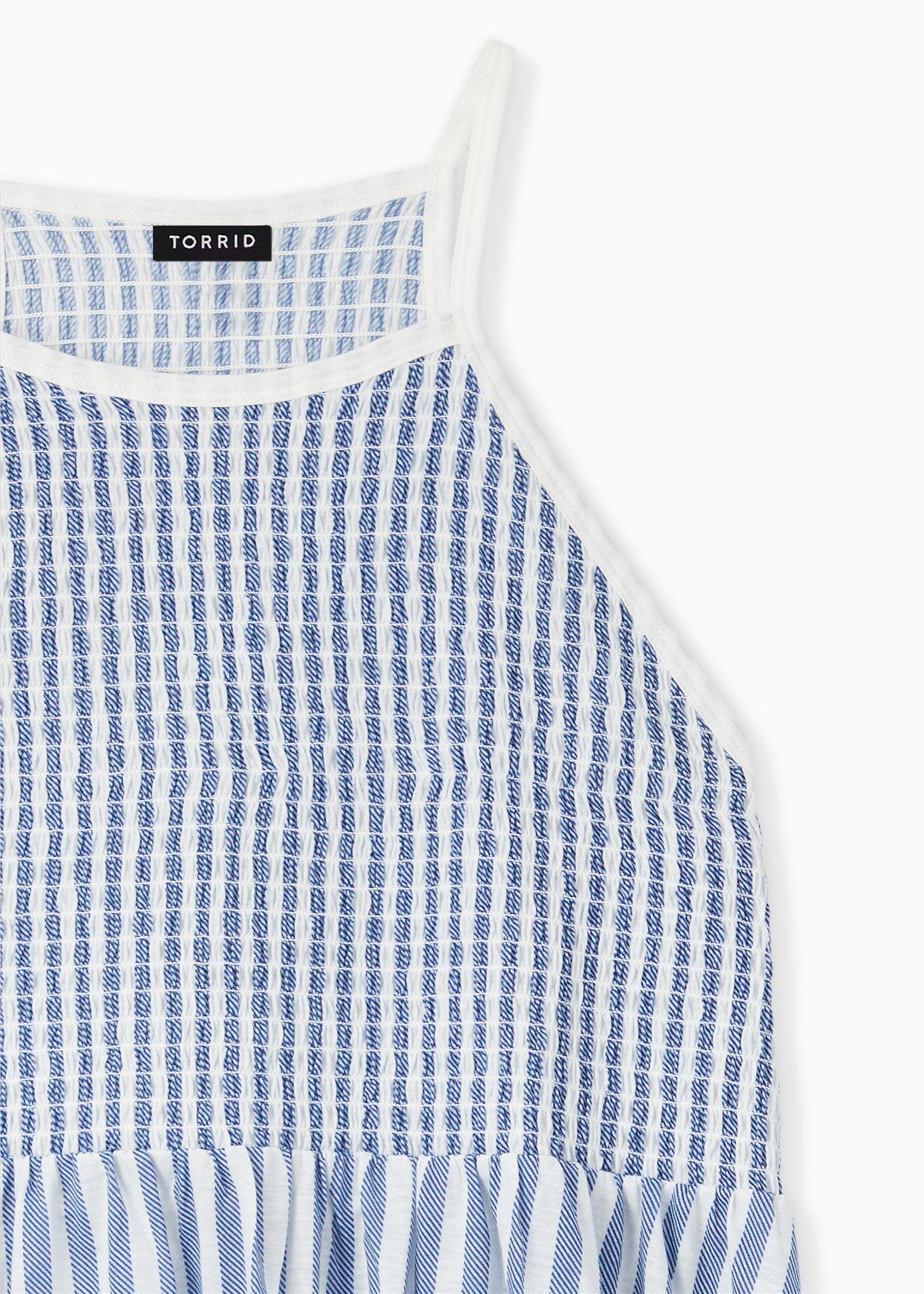 Plus Size Blue & White Stripe Jersey Smocked High Neck Babydoll Top , STRIPE MULTI, alternate