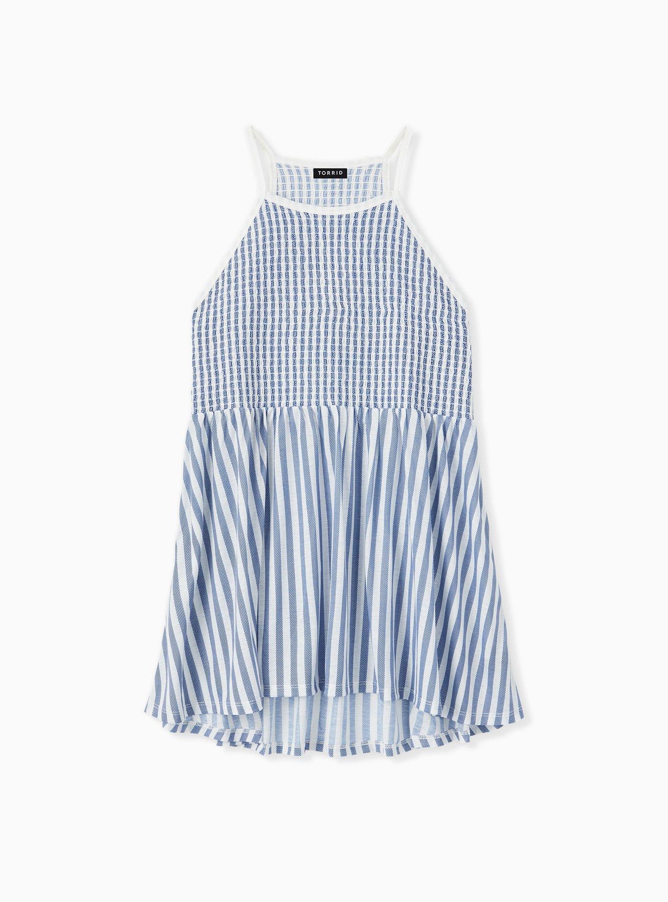 Blue & White Stripe Jersey Smocked High Neck Babydoll Top - Torrid