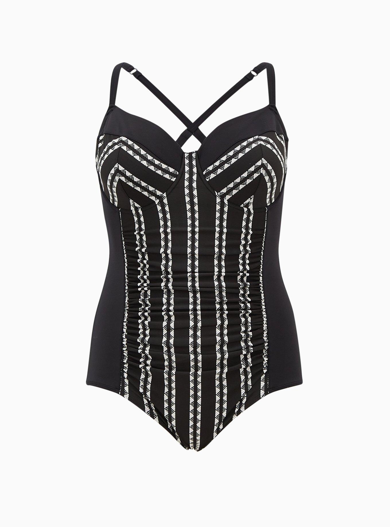Plus Size - Black & White Geo Stripe Underwire One-Piece Swimsuit - Torrid