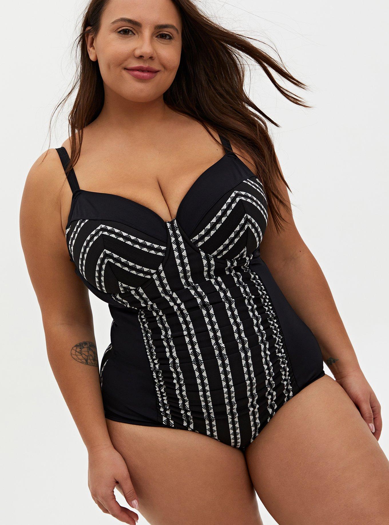 Plus Size - Black & White Geo Stripe Underwire One-Piece Swimsuit