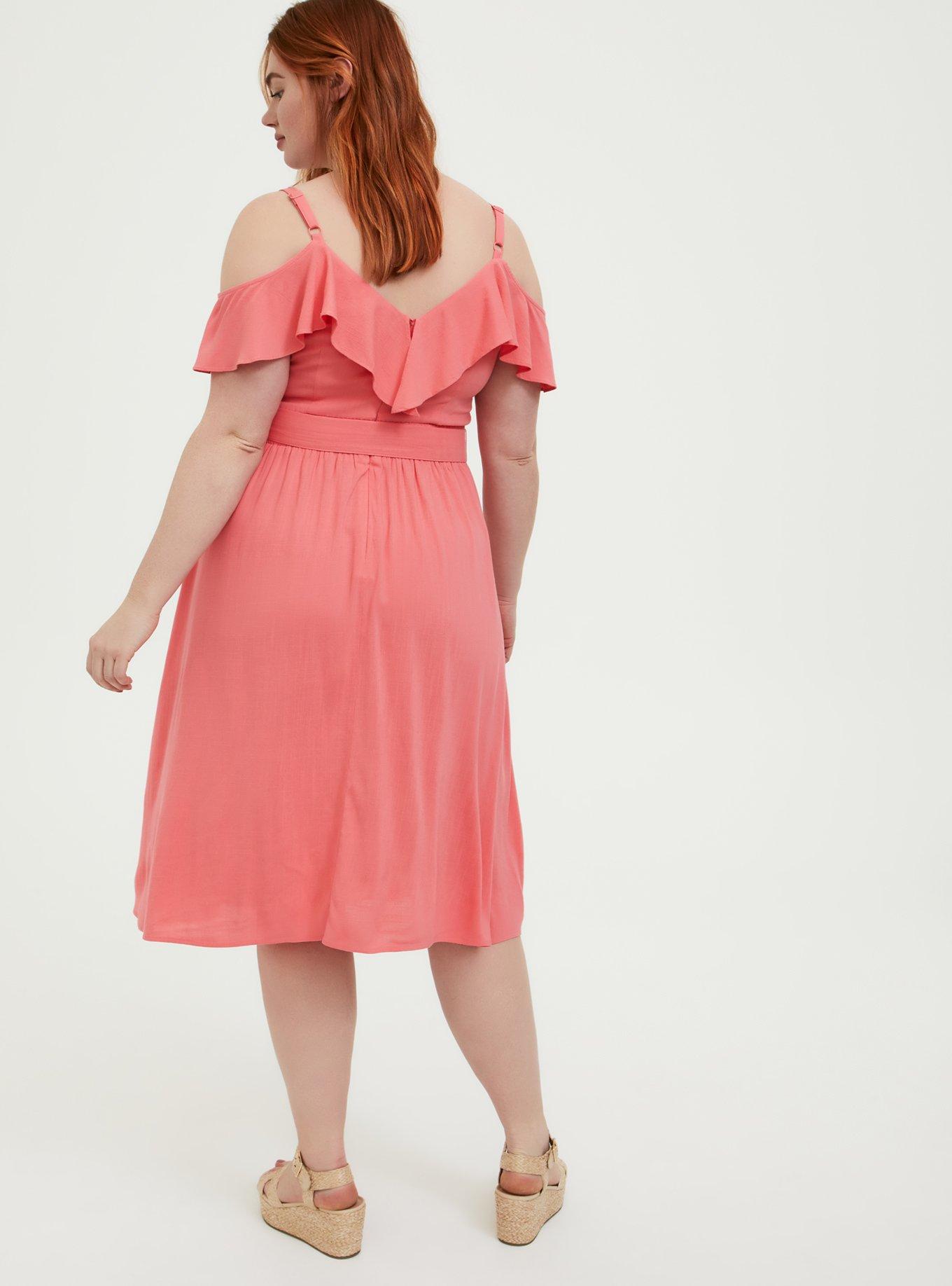 Plus Size - Coral Textured Cold Shoulder Self Tie Midi Dress - Torrid