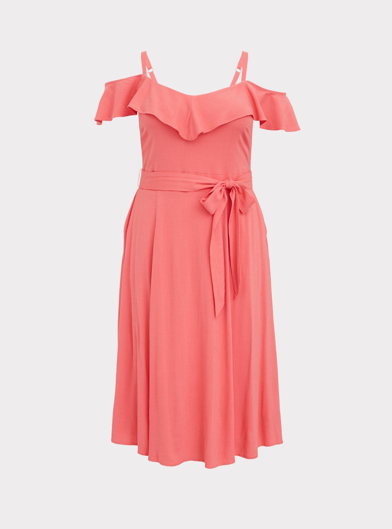 Plus Size - Coral Textured Cold Shoulder Self Tie Midi Dress - Torrid
