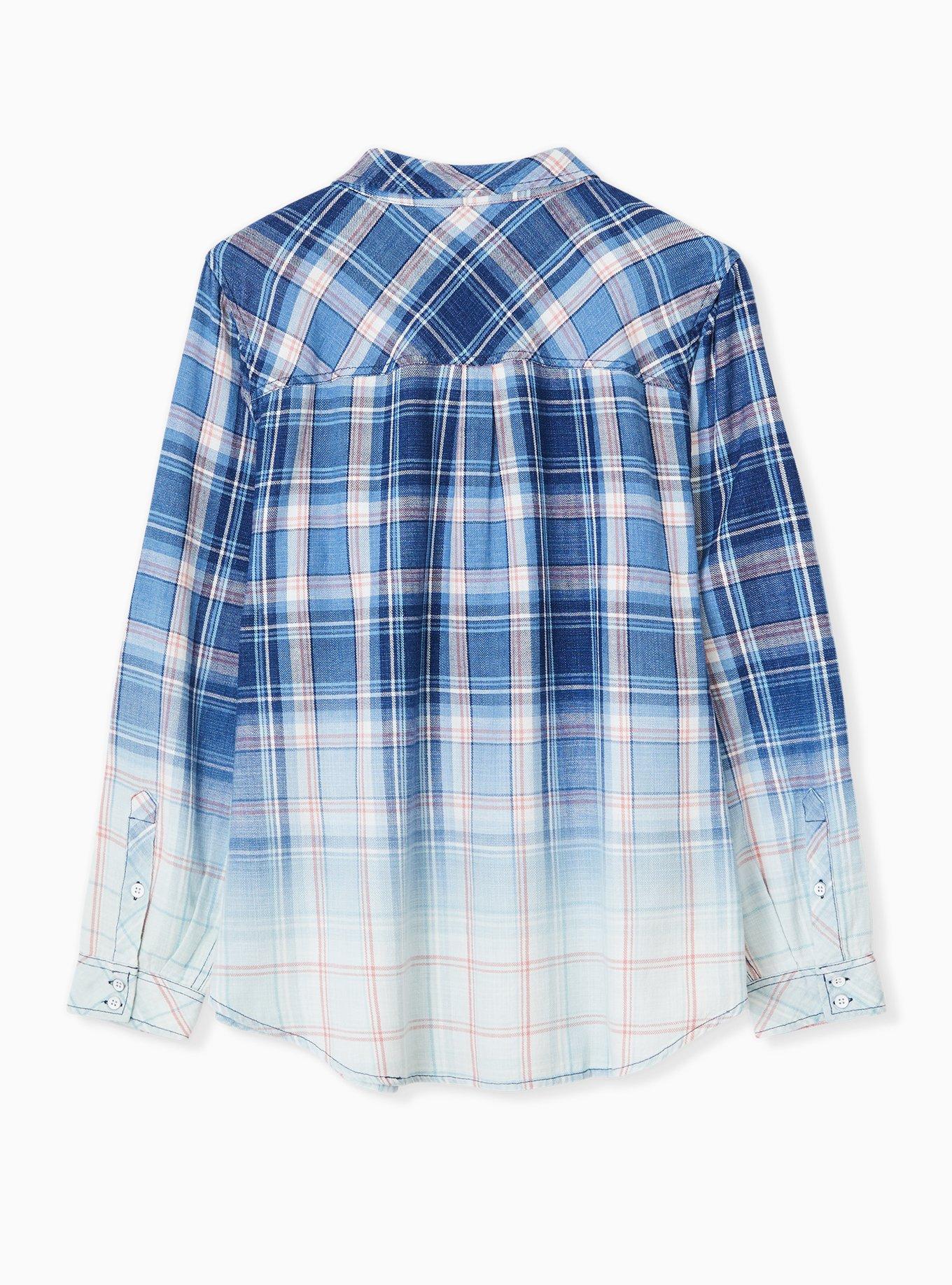 Blue & Pink Plaid Bleach Dip Button Front Shirt , PLAID BLUE, alternate