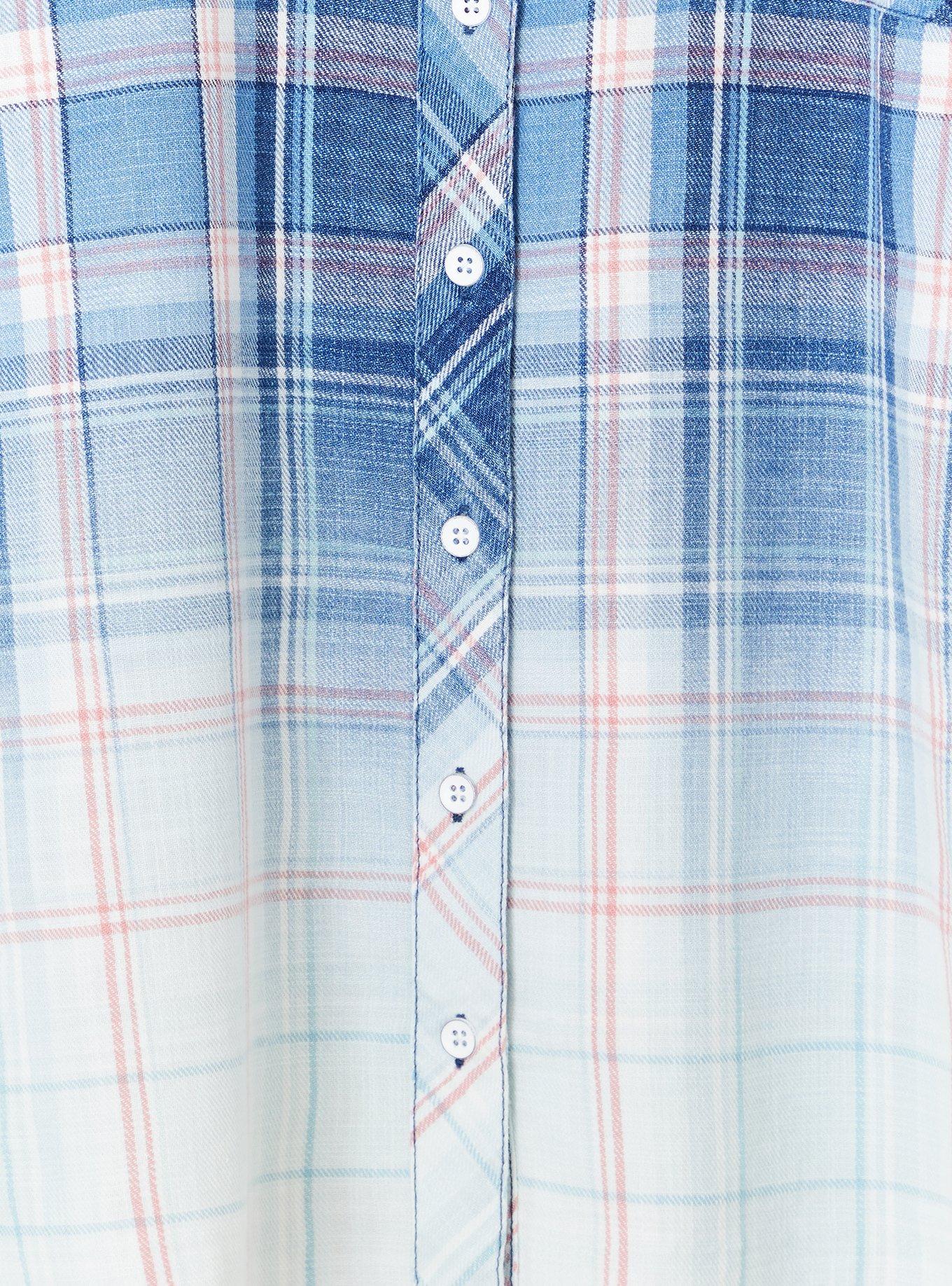 Blue & Pink Plaid Bleach Dip Button Front Shirt , PLAID BLUE, alternate