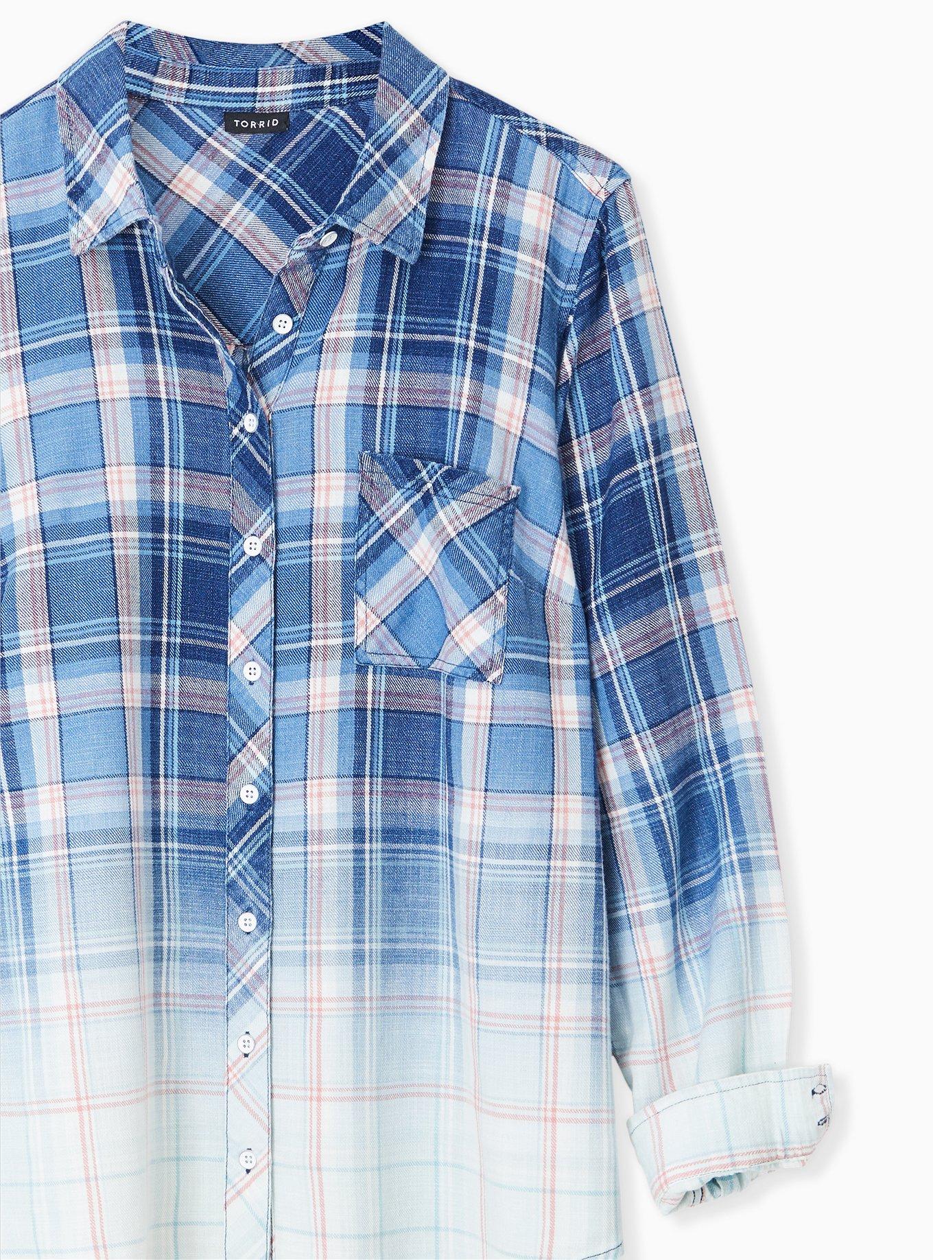 Blue & Pink Plaid Bleach Dip Button Front Shirt , PLAID BLUE, alternate
