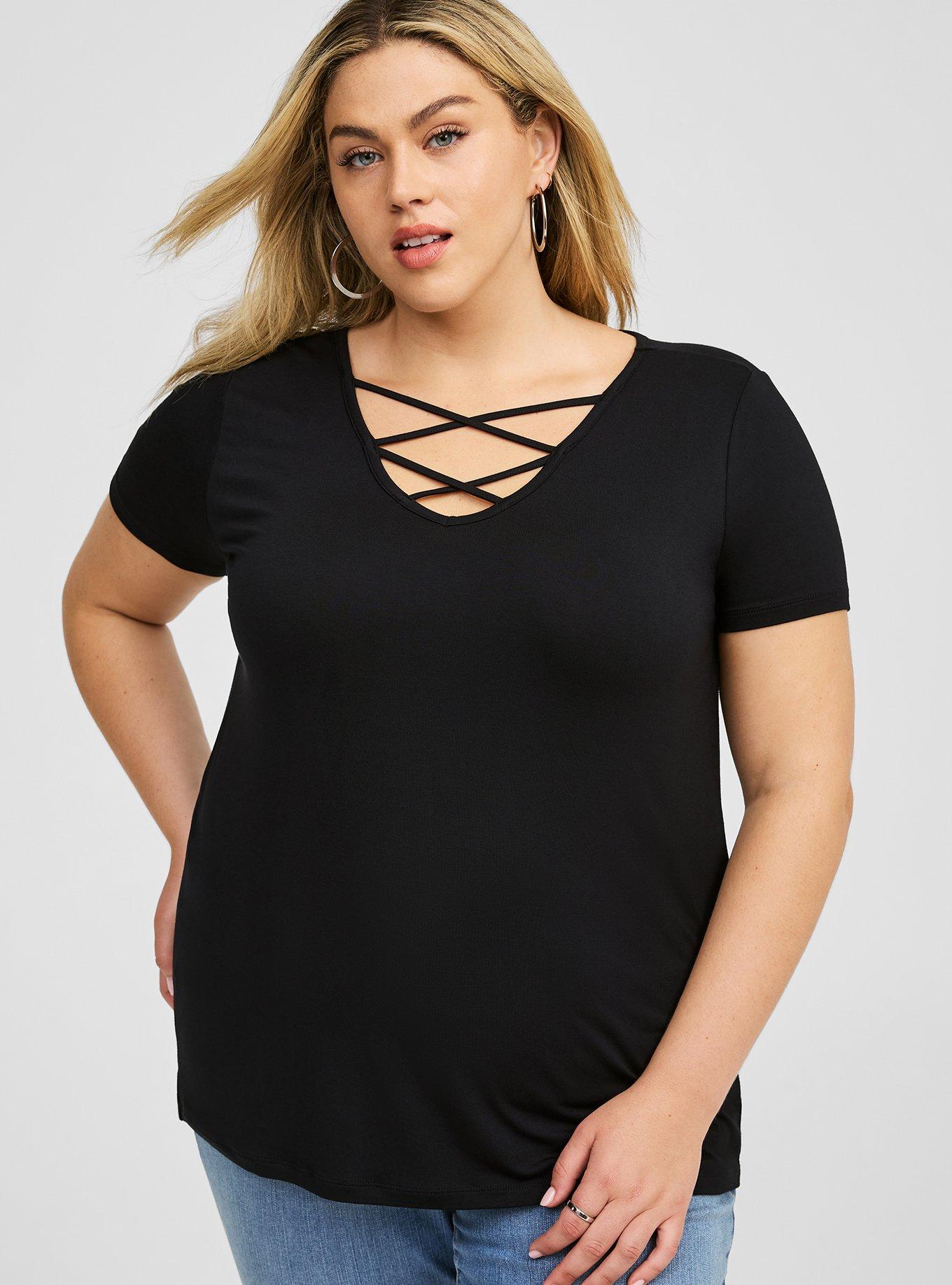 Super Soft V-Neck Strappy Tee, BLACK, alternate