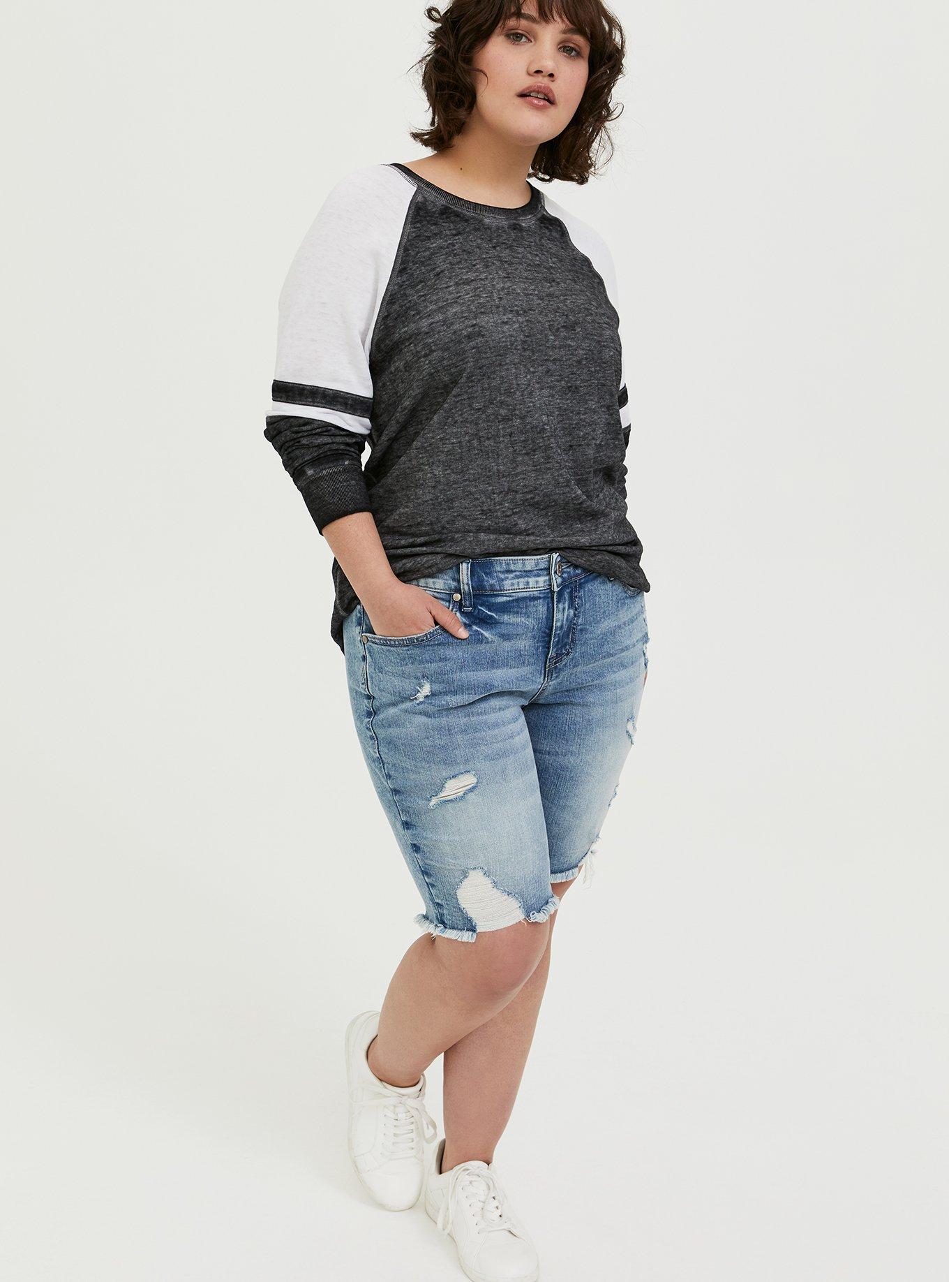 Knit Burnout Crew Neck Varsity Detail Raglan Sweatshirt, DEEP BLACK, alternate