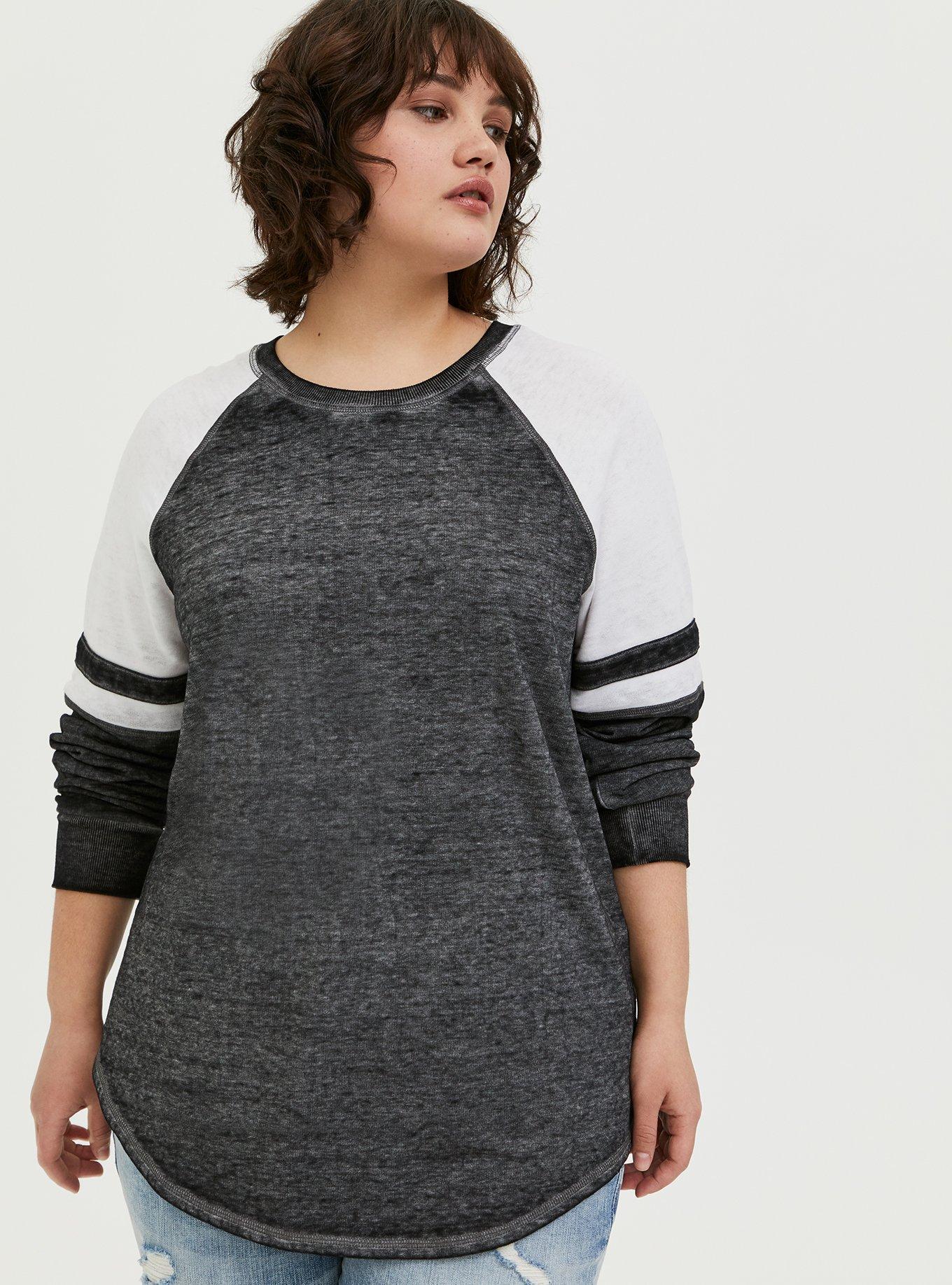 Knit Burnout Crew Neck Varsity Detail Raglan Sweatshirt, DEEP BLACK, alternate