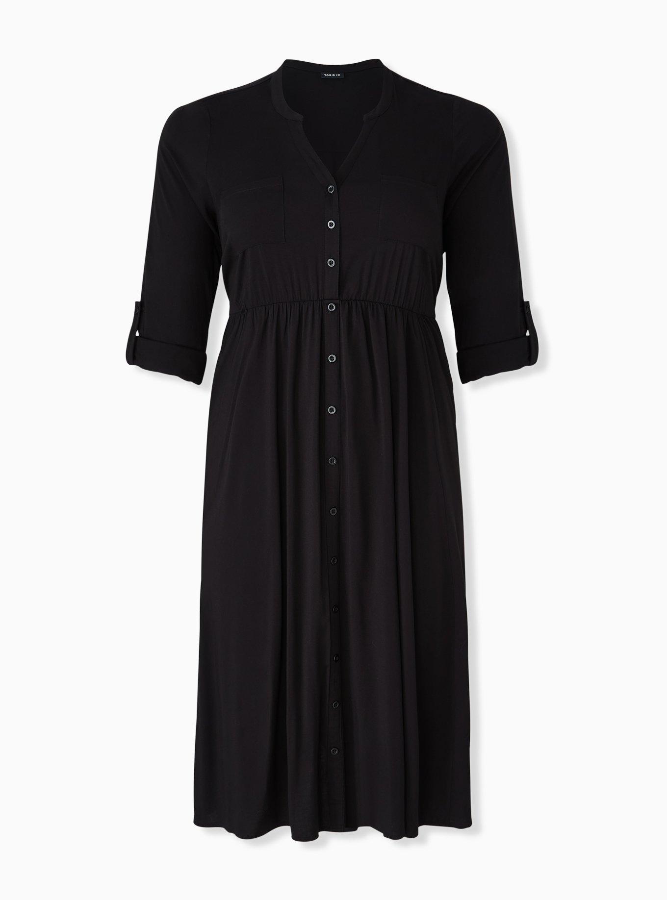 Plus Size - Black Challis Button Front Midi Shirt Dress - Torrid