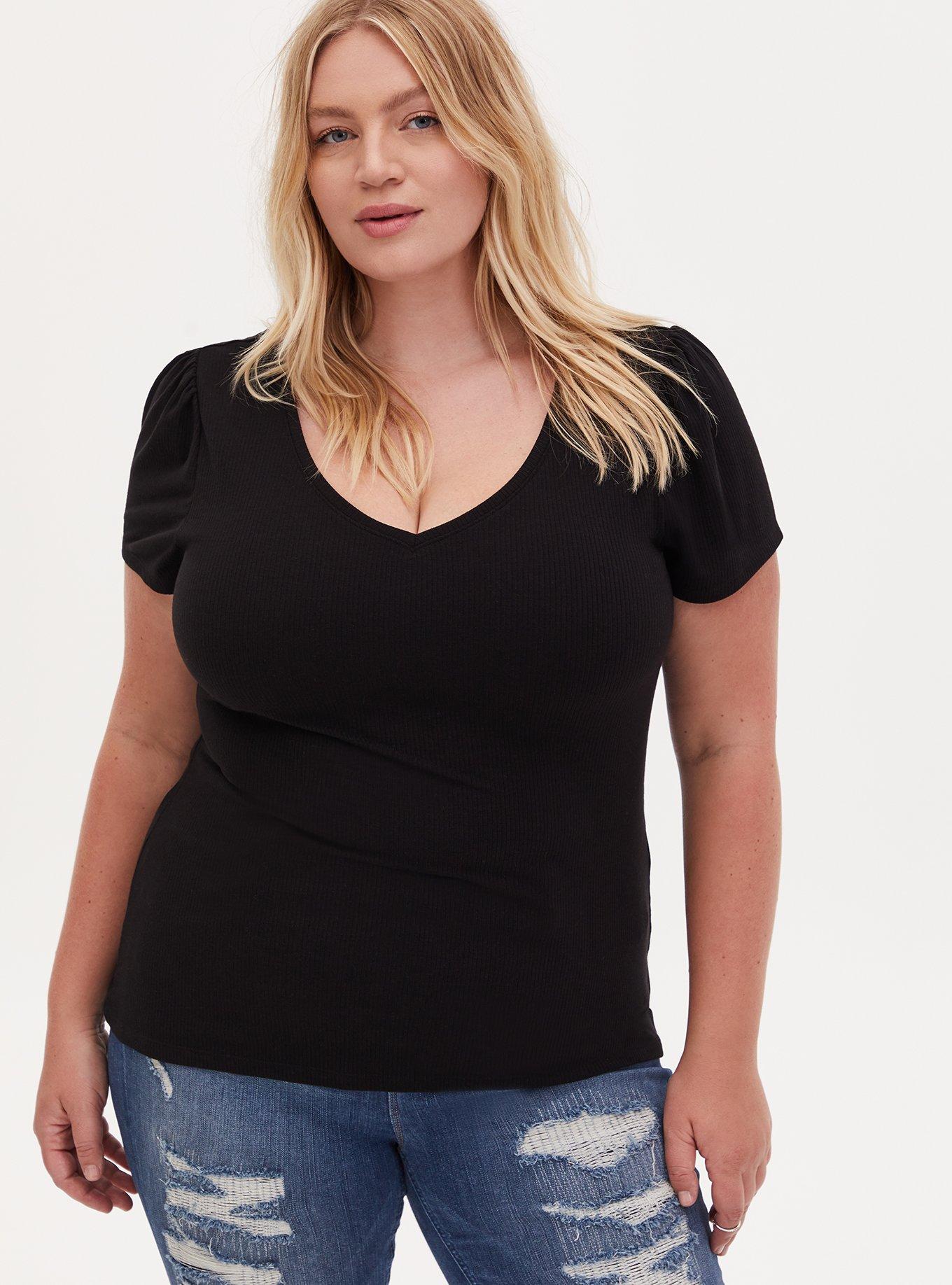 Plus Size - Rib V-Neck Puff Sleeve Tee - Torrid