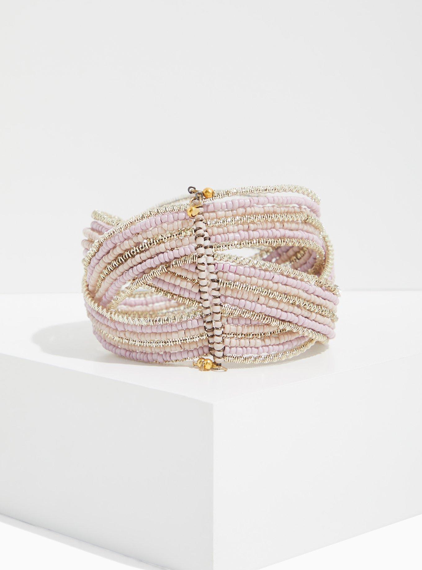 Plus Size Silver-Tone Beaded Crisscross Cuff, BLUSH, alternate