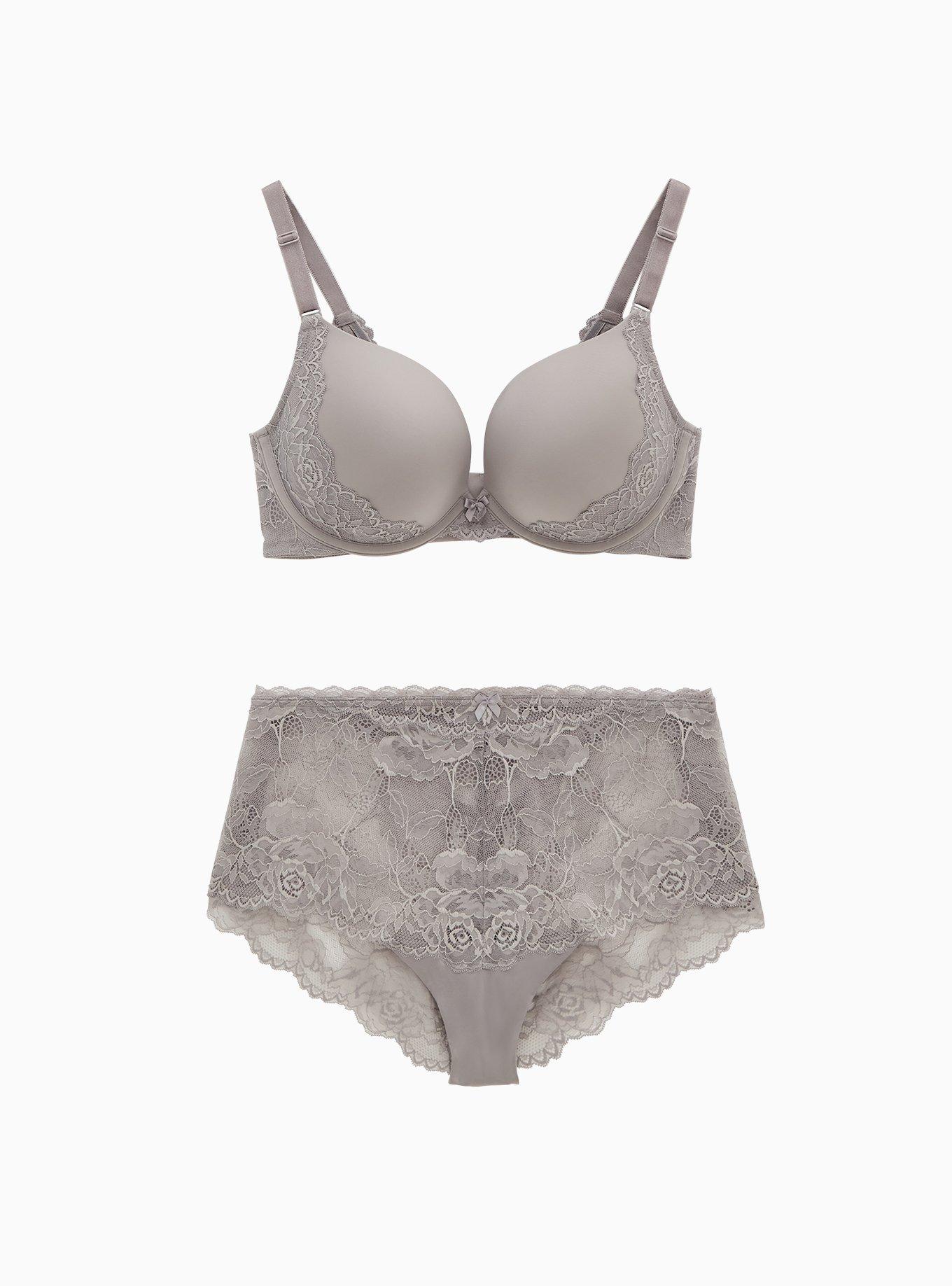 Silver Microfiber & Lace Strappy Back Push-Up Plunge Bra, SILVER FILIGREE, alternate