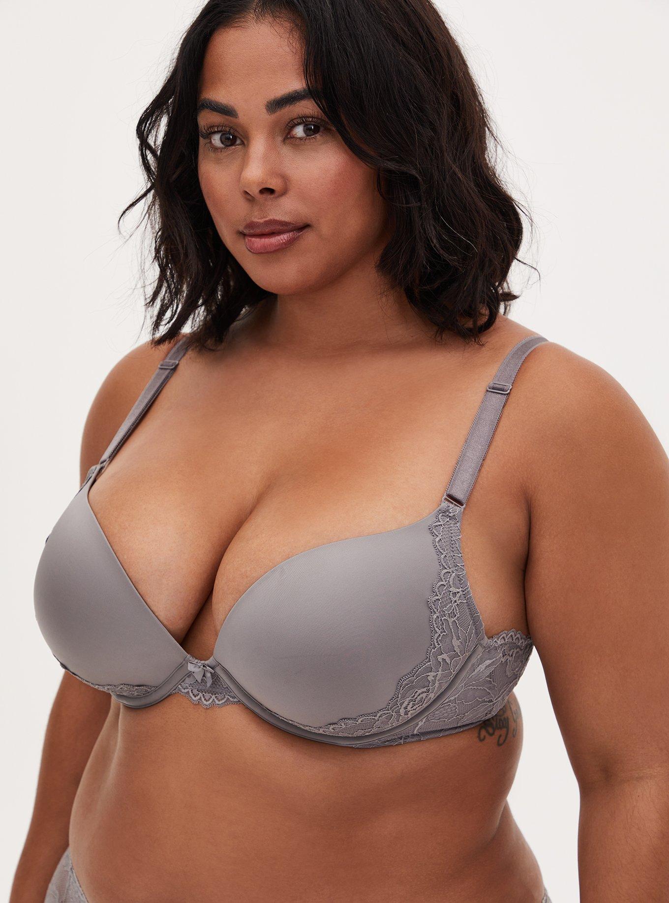 Silver Microfiber & Lace Strappy Back Push-Up Plunge Bra, SILVER FILIGREE, alternate