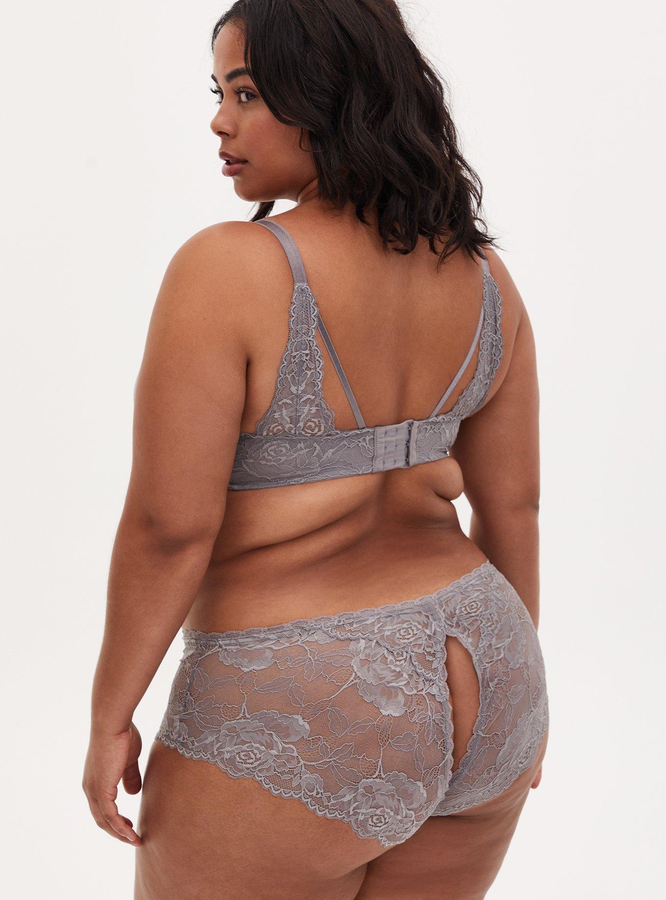 Silver Microfiber & Lace Strappy Back Push-Up Plunge Bra, SILVER FILIGREE, alternate